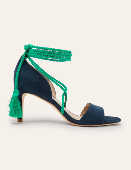 Absatzsandalen aus Veloursleder mit Knöchelriemchen-Marineblau