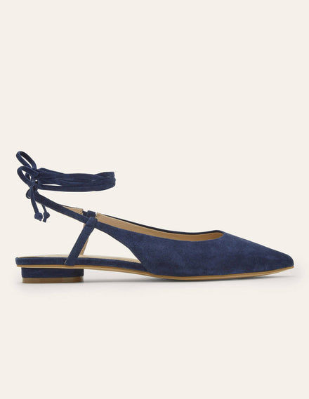 Ballerinas mit Knöchelriemchen und spitzer Zehenpartie-Navy, Veloursleder