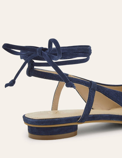 Ankle Tie Pointed Flats-Navy Suede-3