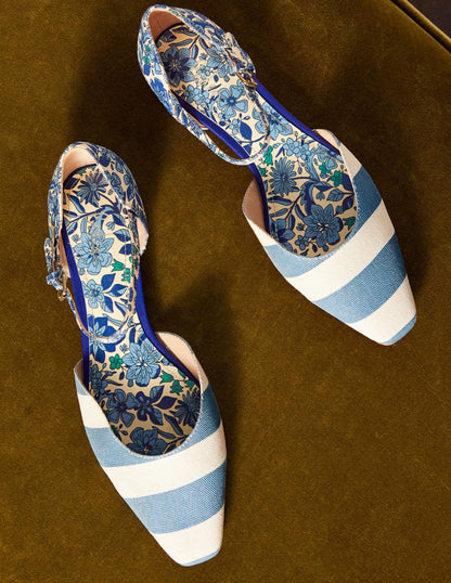 Gemusterte flache Pumps aus Leinen-Graublau, Blumenmuster-1