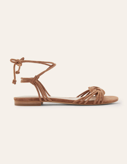 Flache Veloursledersandalen mit Knotendetail-Hellbraun, Veloursleder