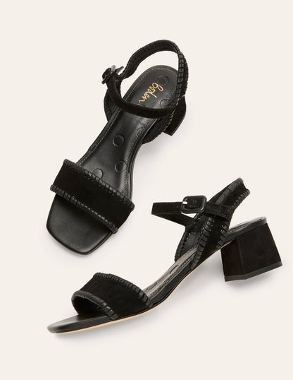 Veloursledersandalen mit Blockabsatz-Schwarz