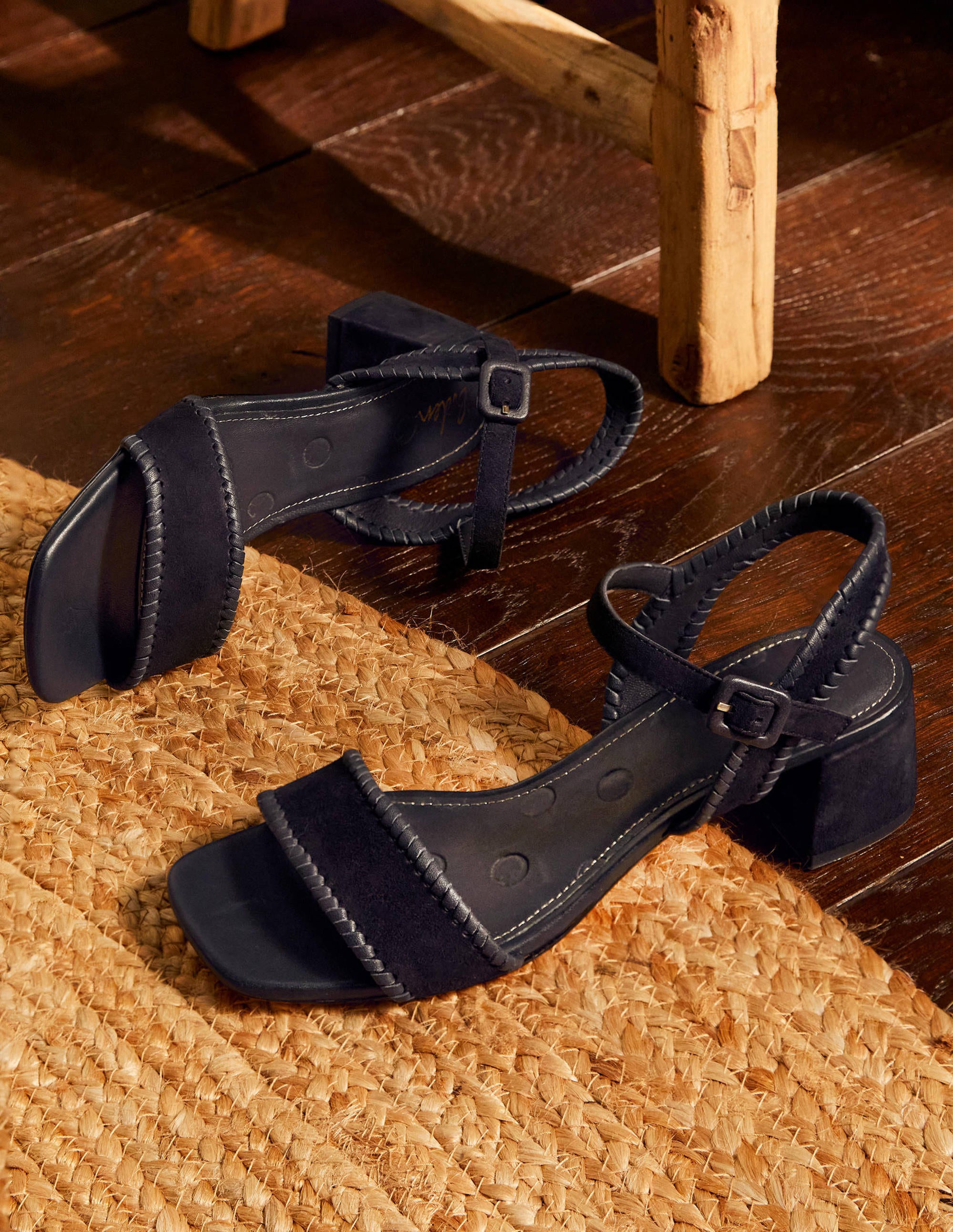 Block Heel Suede Sandals-Navy - Image 1