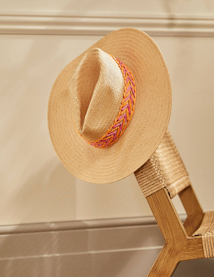 Embroidered Straw Fedora Hat-Natural