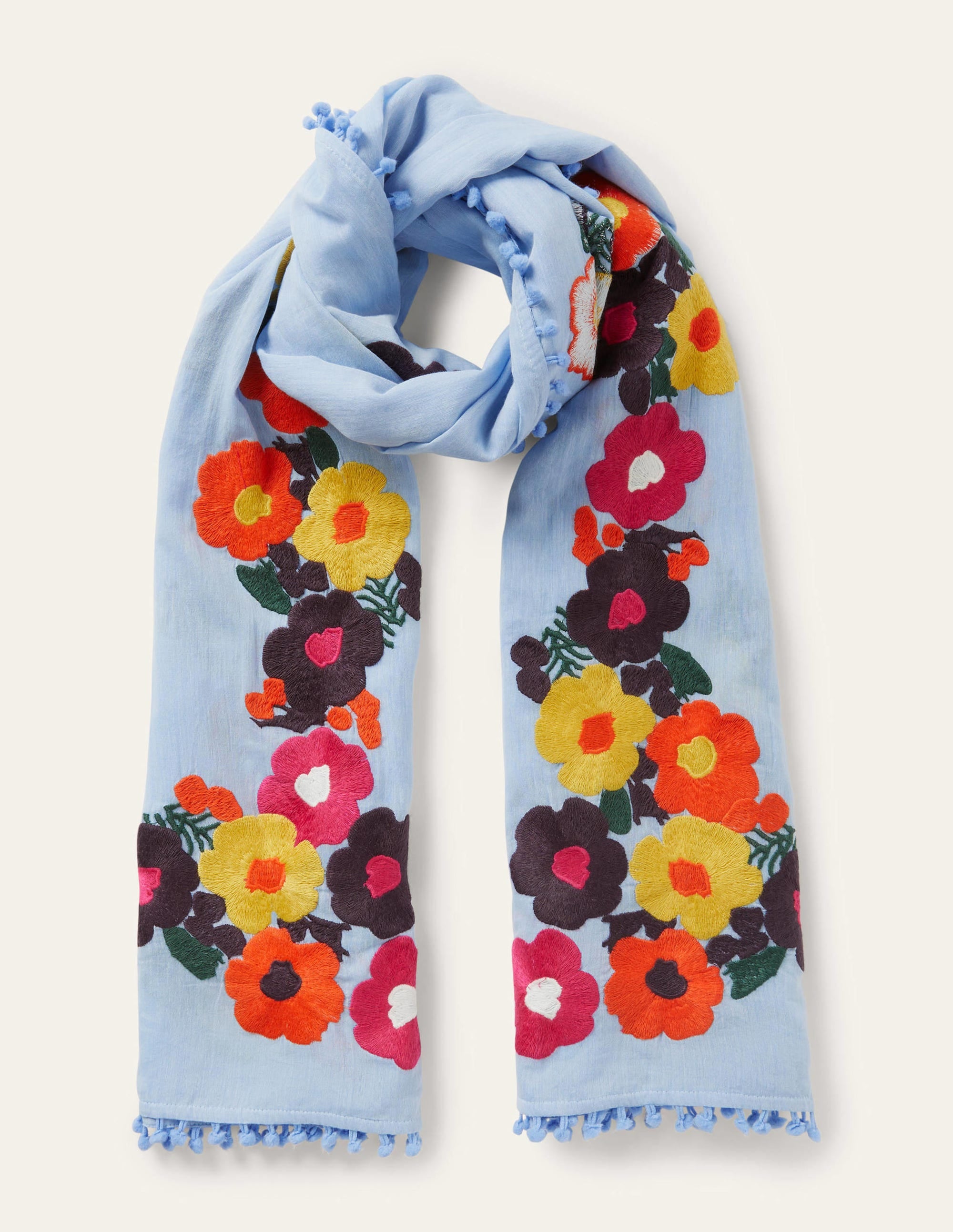 Embroidered Pompom Scarf-Dusty Blue, Embroidered - Image 2