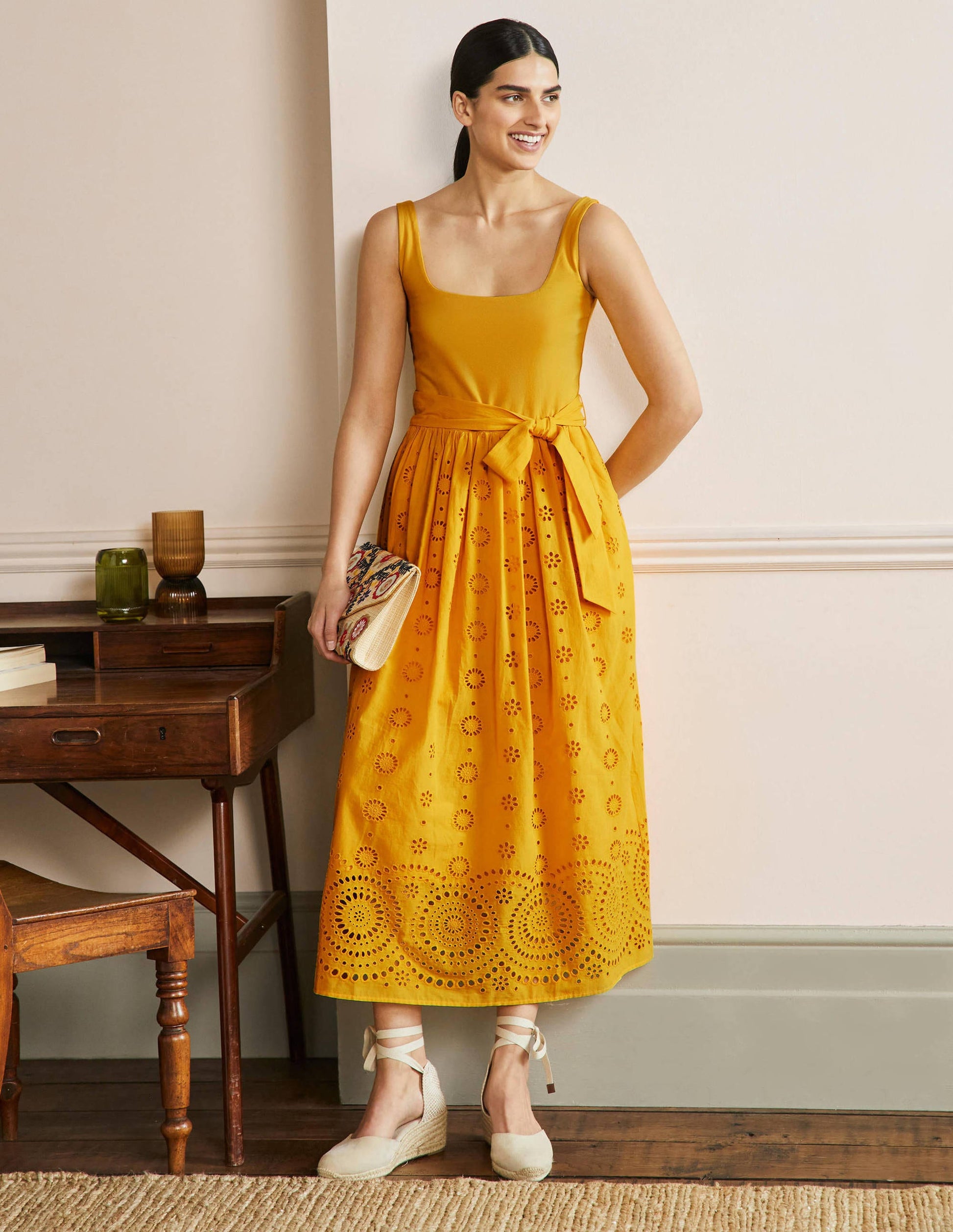 Midikleid mit Lochstickereimix-Honiggelb-4
