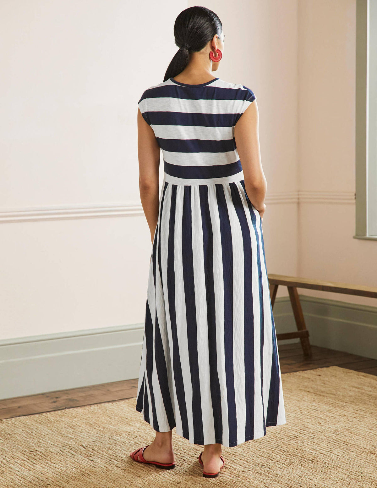 Schlichtes T-Shirt-Midikleid-Navy/Naturweiß, Gestreift-3