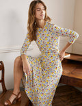 Robe midi en jersey à manches bouffantes-Ivoire, motif Elegant Bloom