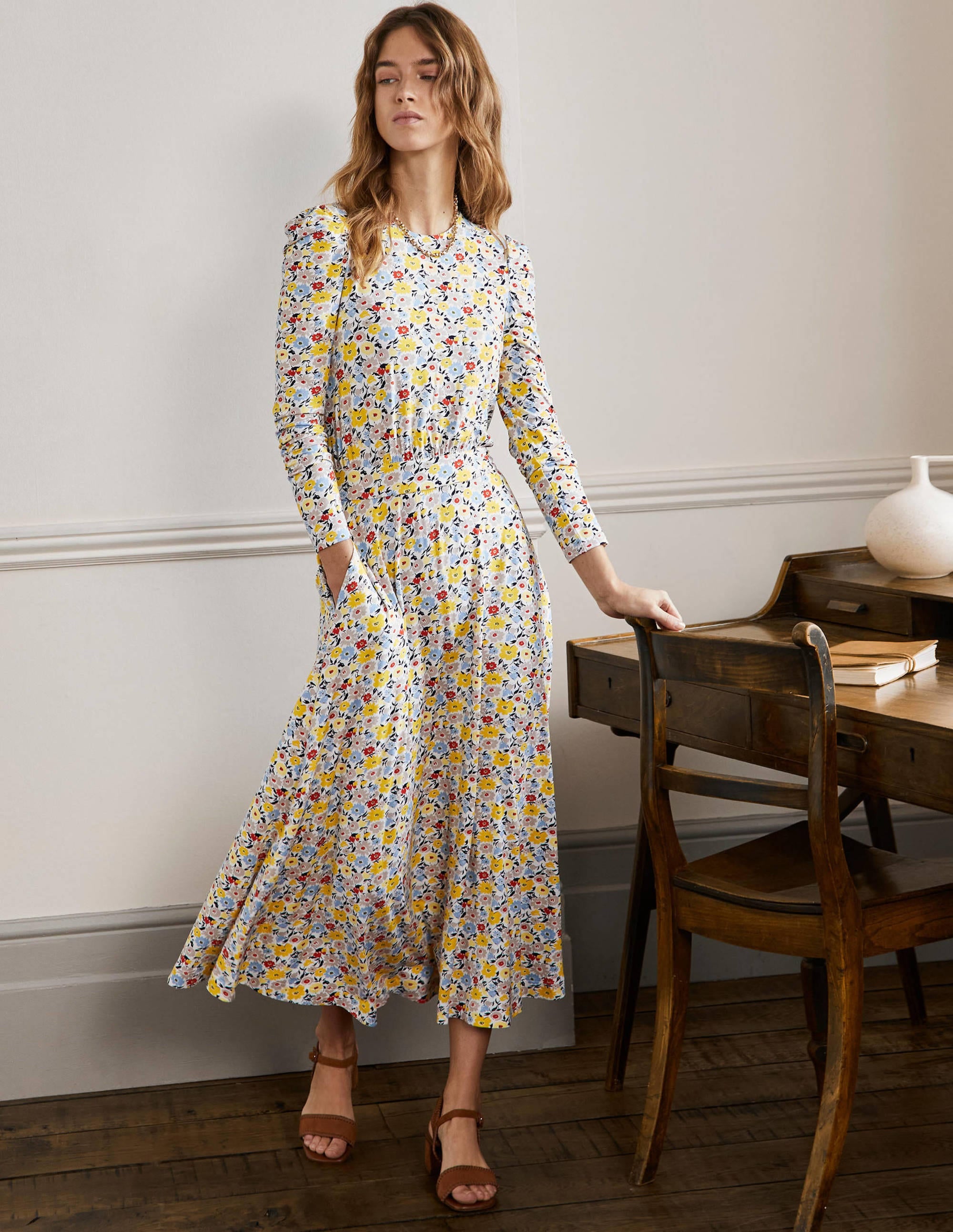 Robe midi en jersey à manches bouffantes-Ivoire, motif Elegant Bloom - Image 4