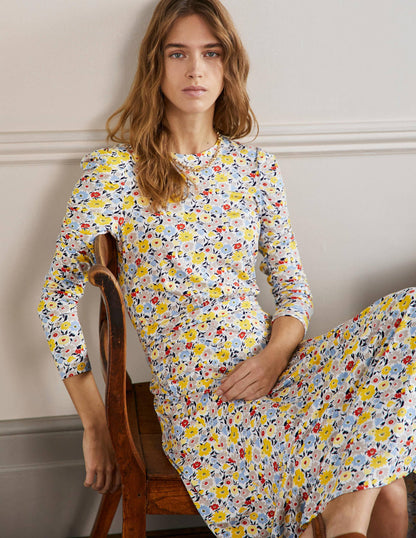 Jersey-Midikleid mit Puffärmeln-Naturweiß, Elegante Blüten-5