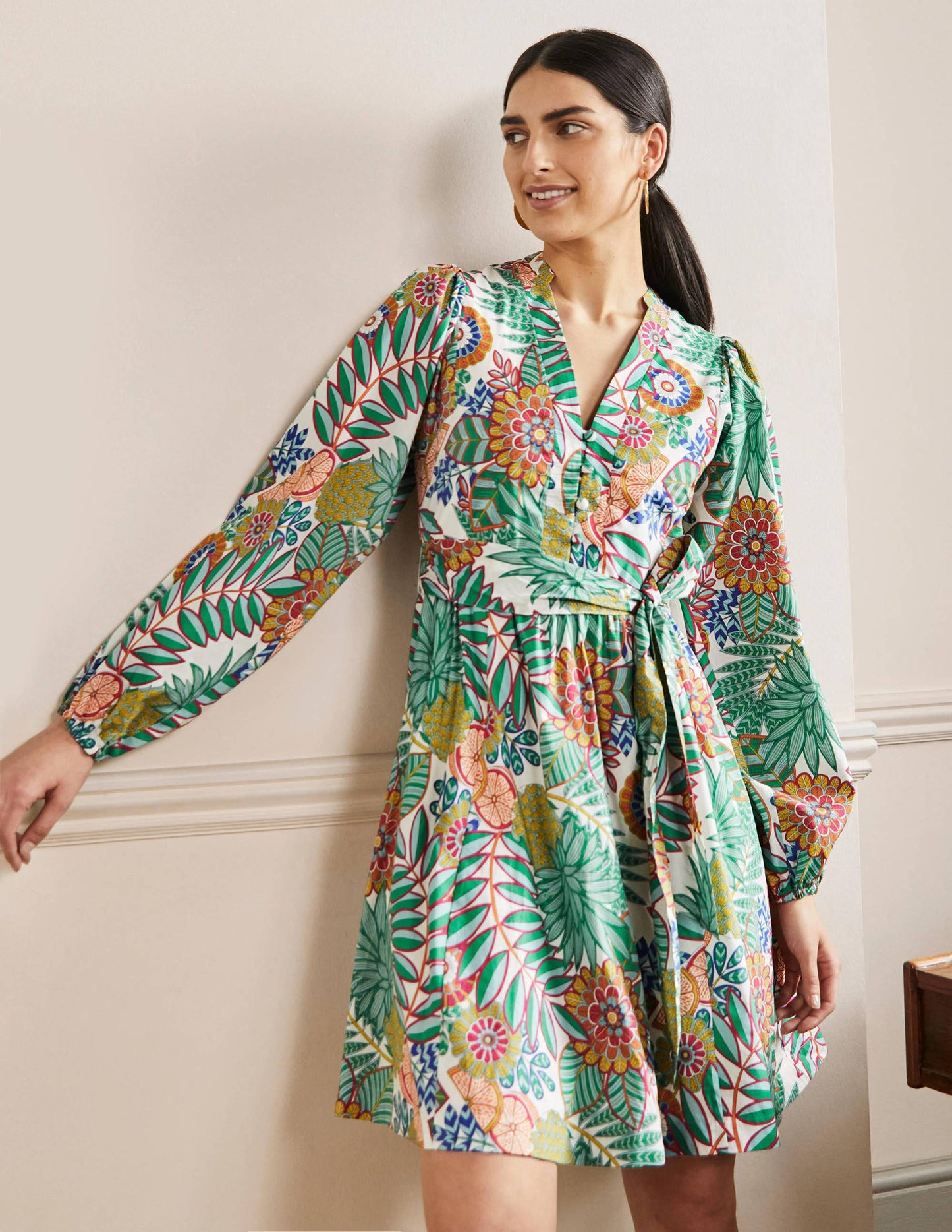 Notch Neck Cotton Dress-Ivory, Pineapple Bloom