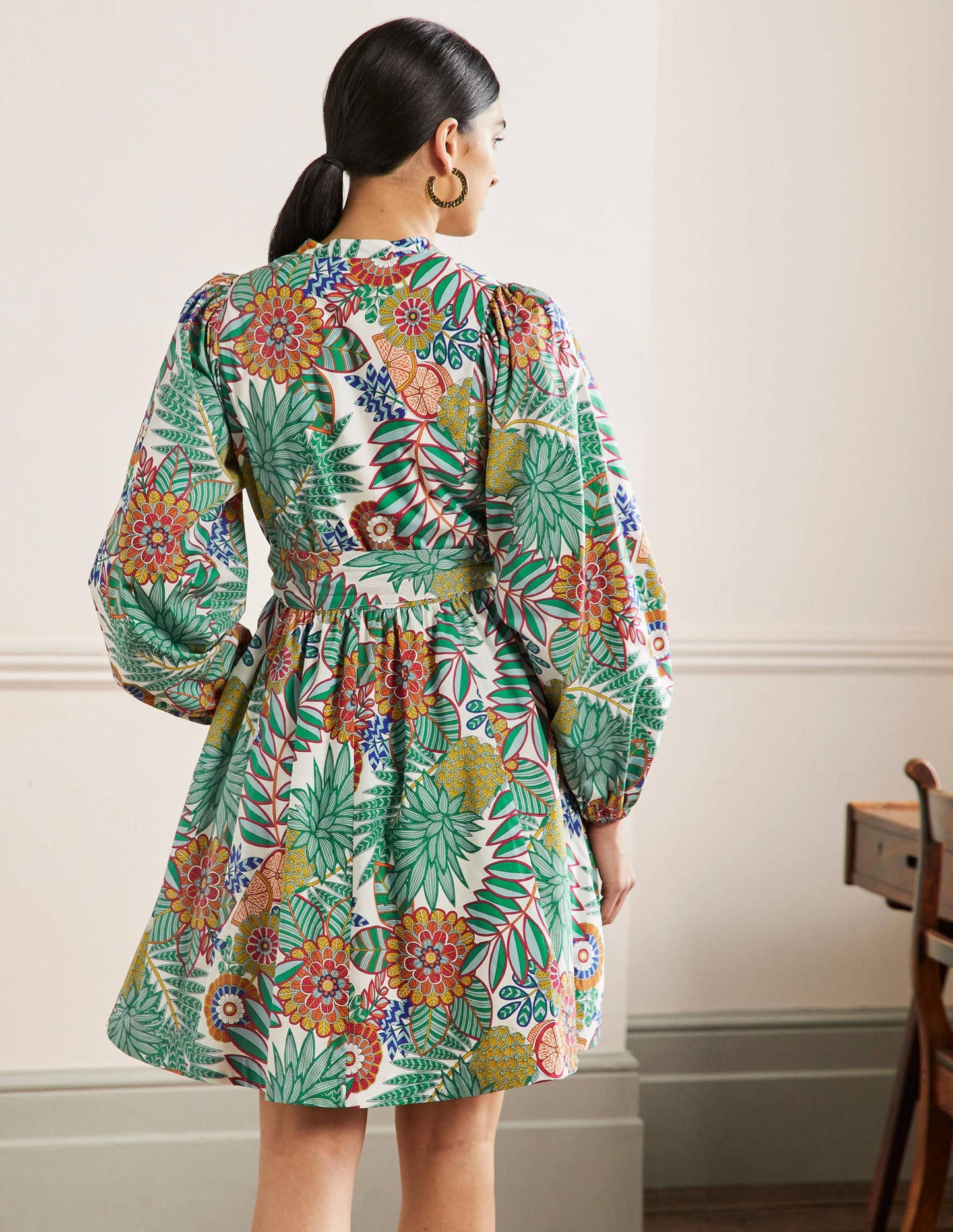 Notch Neck Cotton Dress-Ivory, Pineapple Bloom