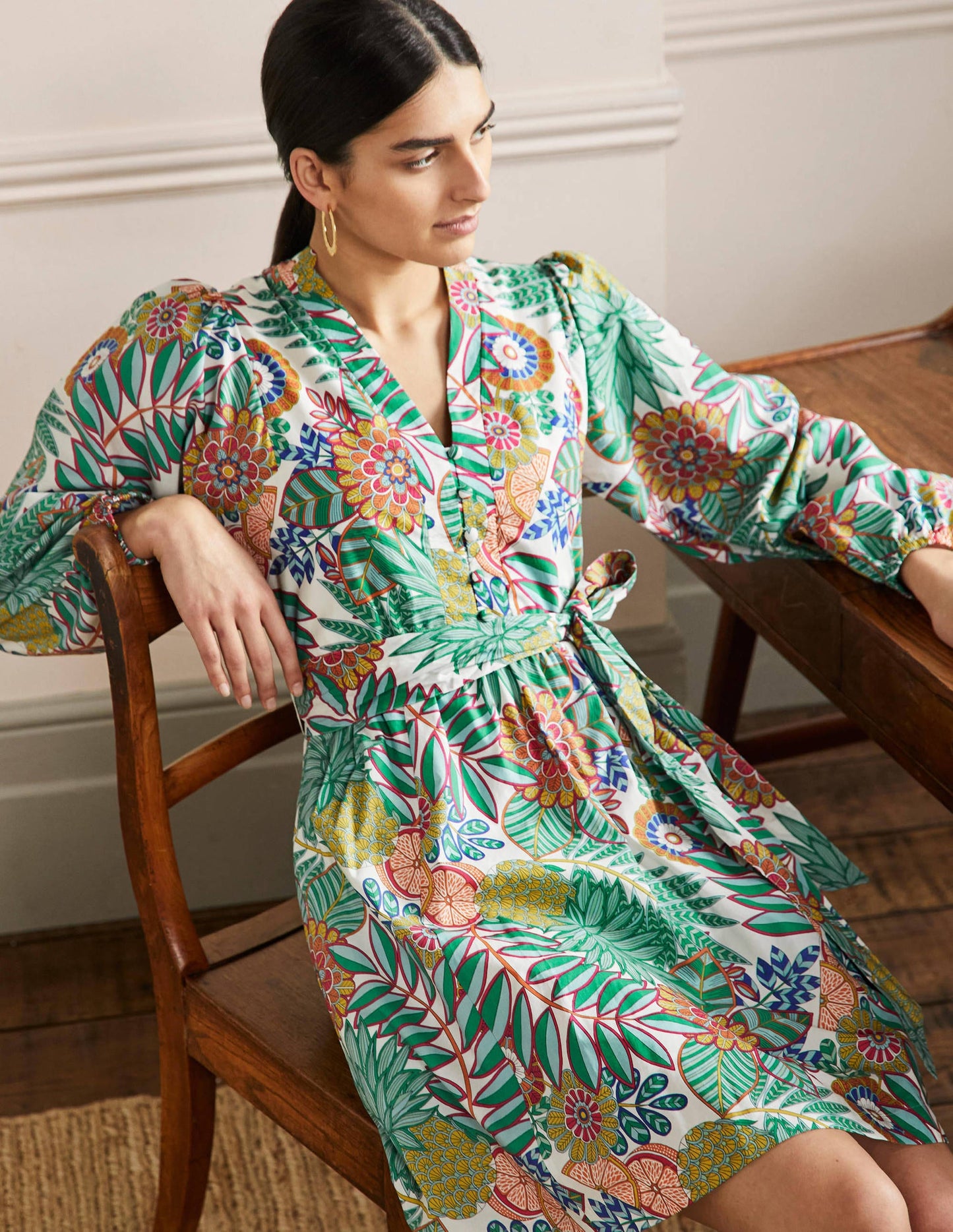 Notch Neck Cotton Dress-Ivory, Pineapple Bloom