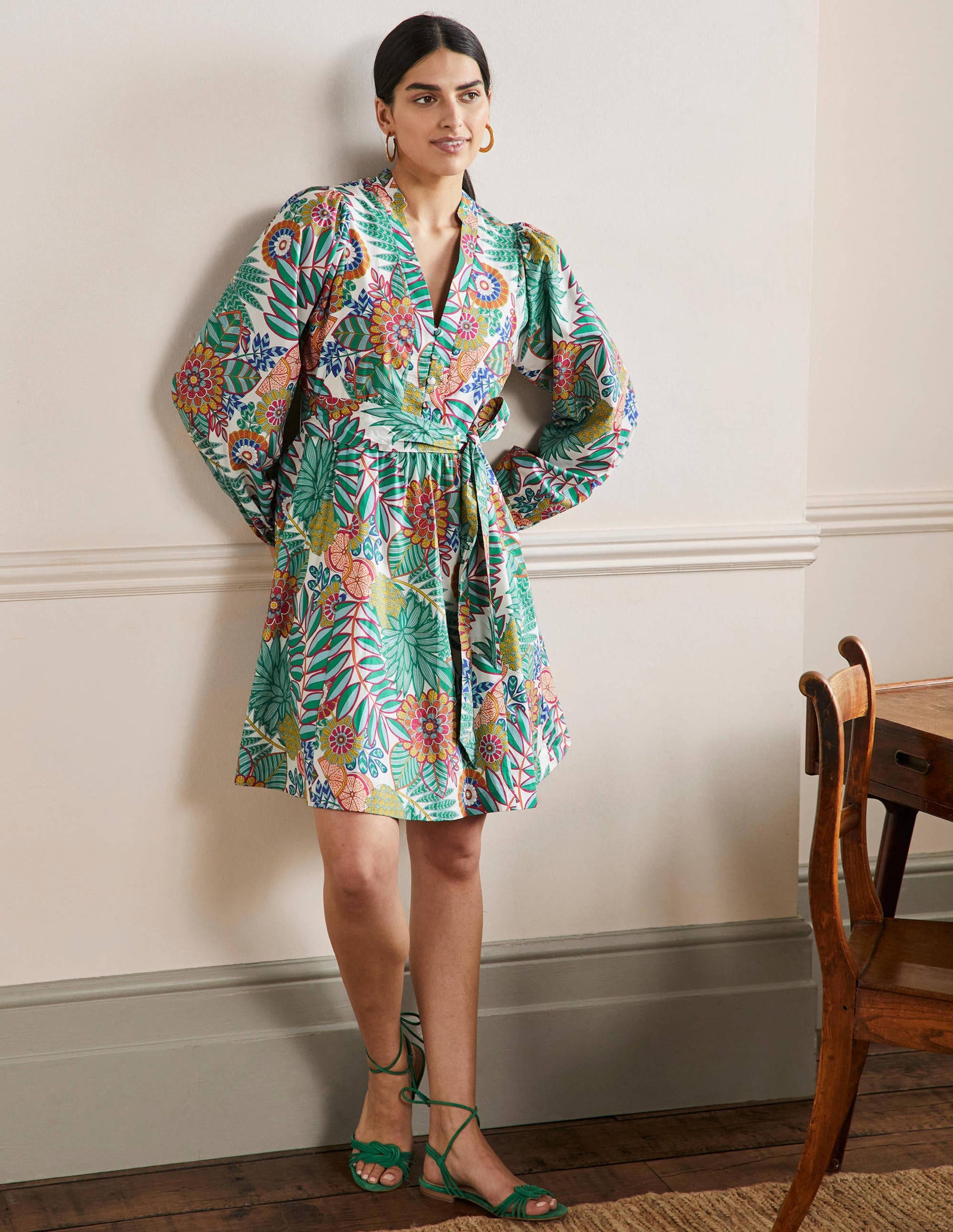Notch Neck Cotton Dress-Ivory, Pineapple Bloom-4