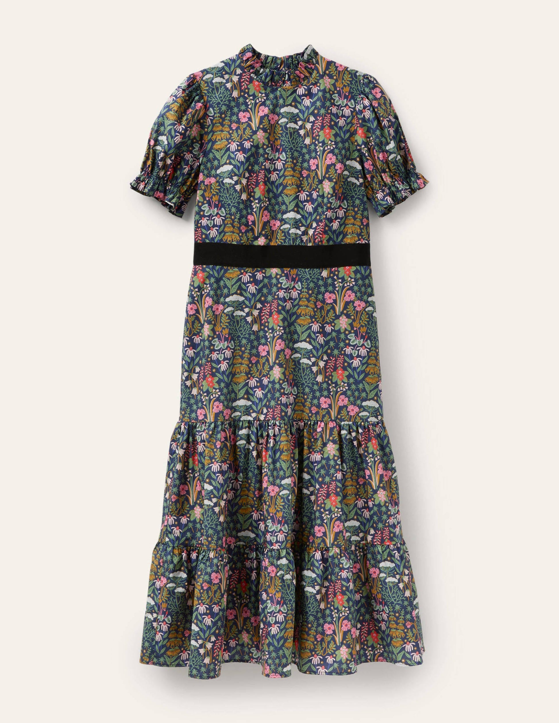 Gestuftes Midikleid mit gerüschtem Ausschnitt-Französisches Navy, Wildblumenblüten-6