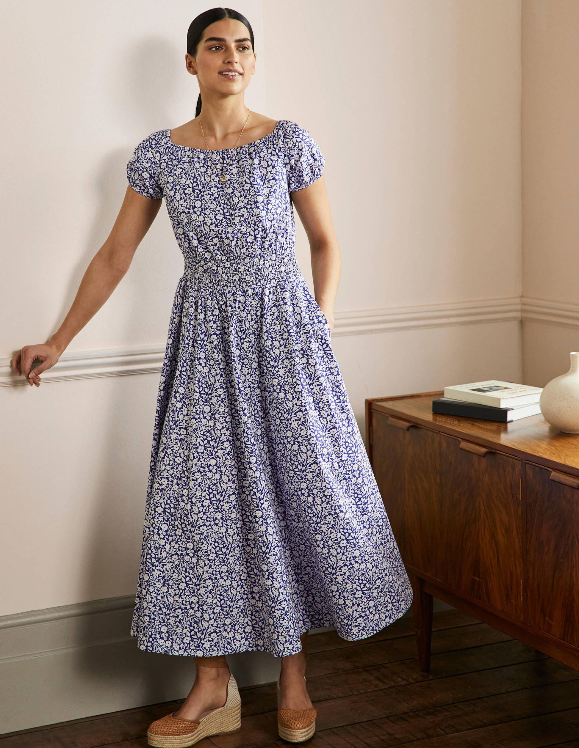 Maxikleid mit Rundhalsausschnitt-Blau, Blumenmuster-1
