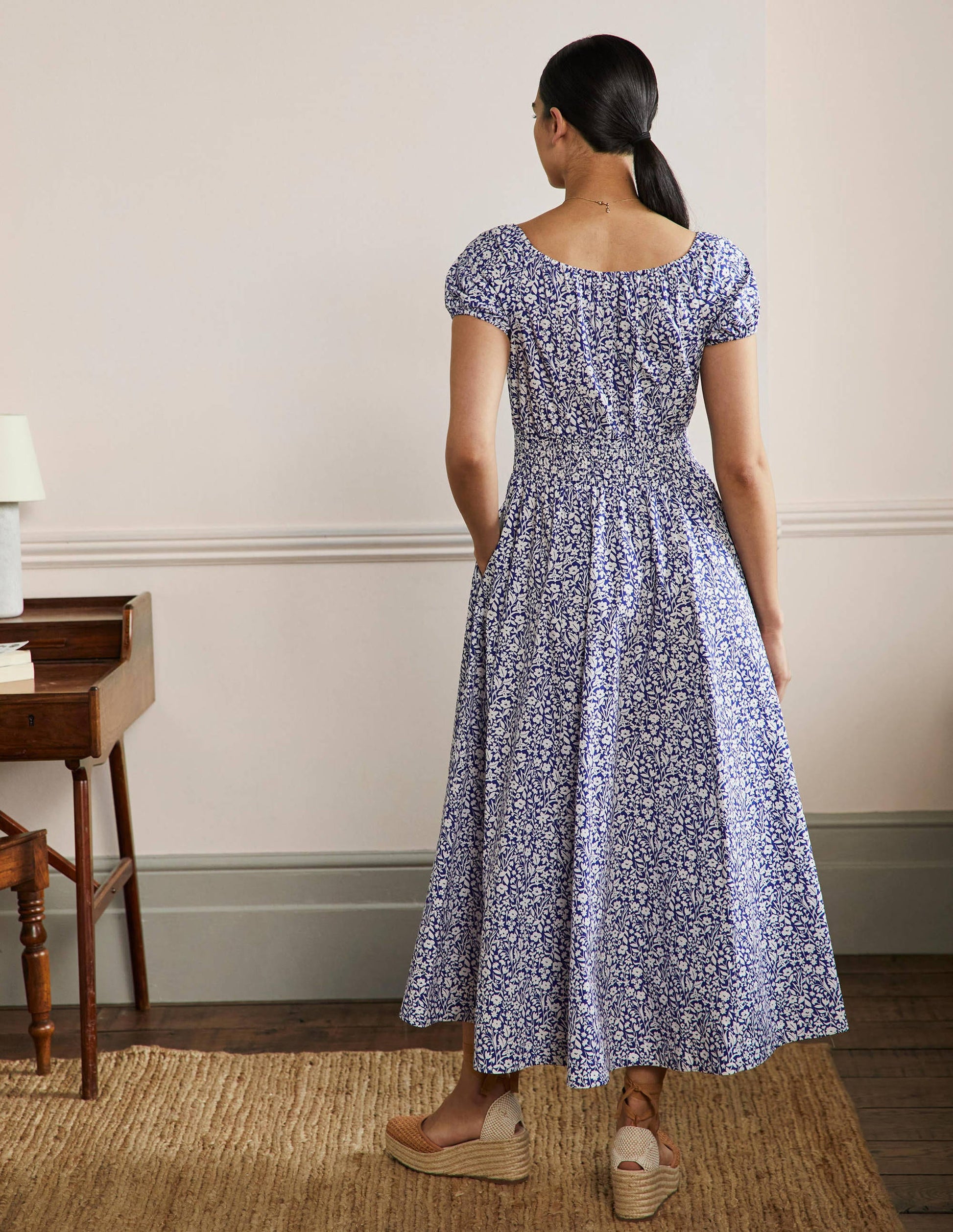 Maxikleid mit Rundhalsausschnitt-Blau, Blumenmuster-3