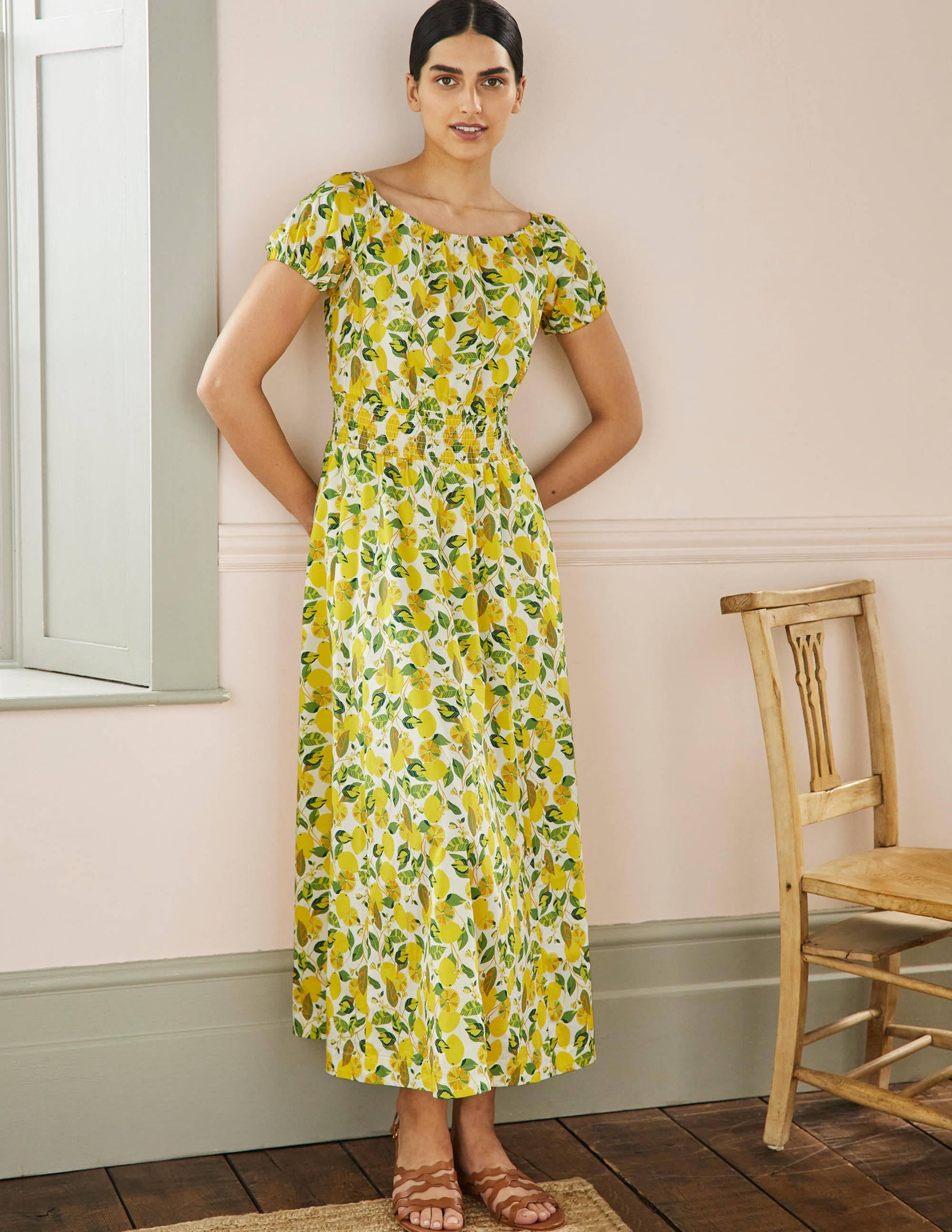 Maxikleid mit Rundhalsausschnitt-Naturweiß/Gelb, Zitronenranke - Image 1