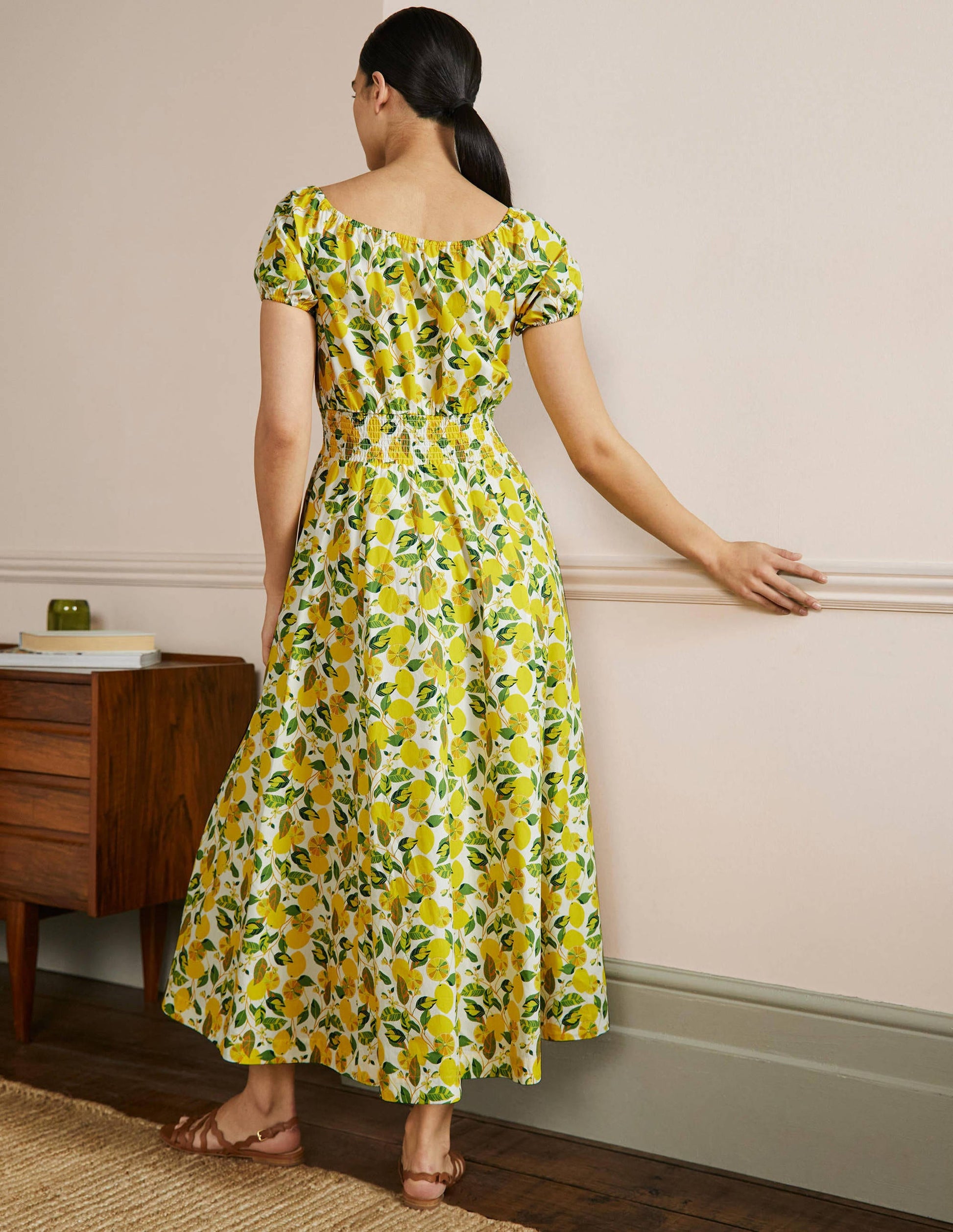 Maxikleid mit Rundhalsausschnitt-Naturweiß/Gelb, Zitronenranke-3