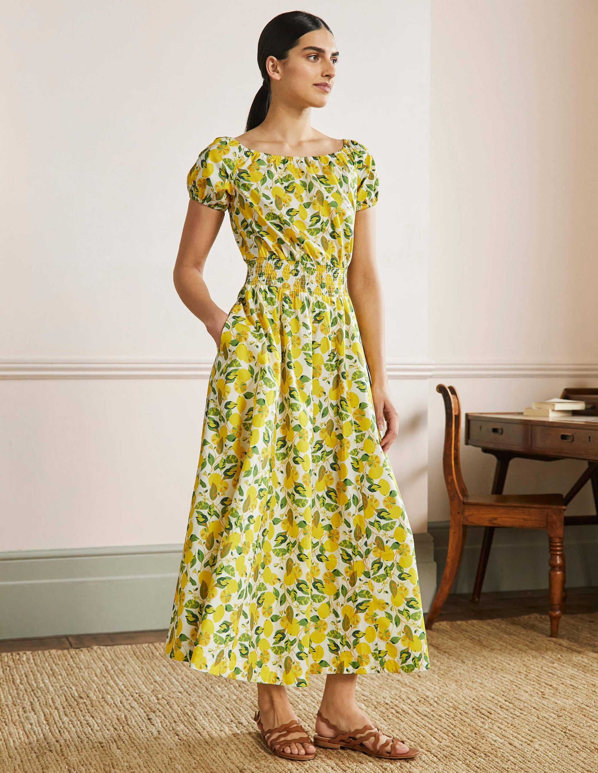 Maxikleid mit Rundhalsausschnitt-Naturweiß/Gelb, Zitronenranke-4