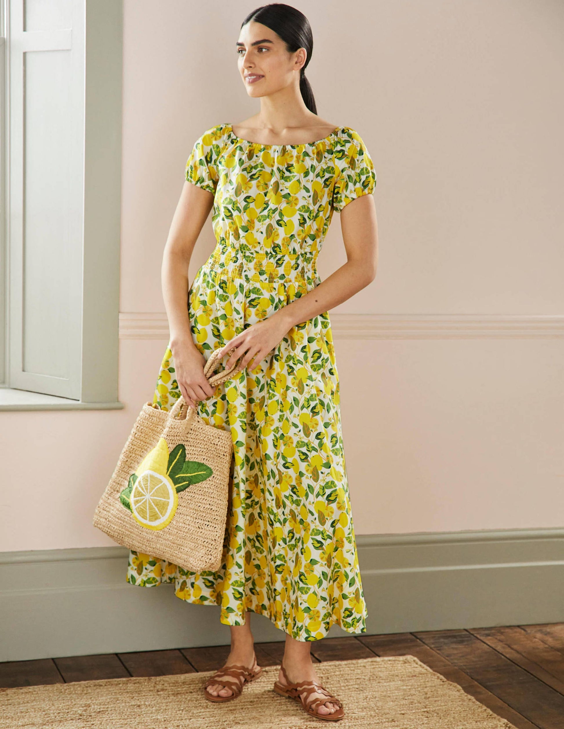 Maxikleid mit Rundhalsausschnitt-Naturweiß/Gelb, Zitronenranke-5