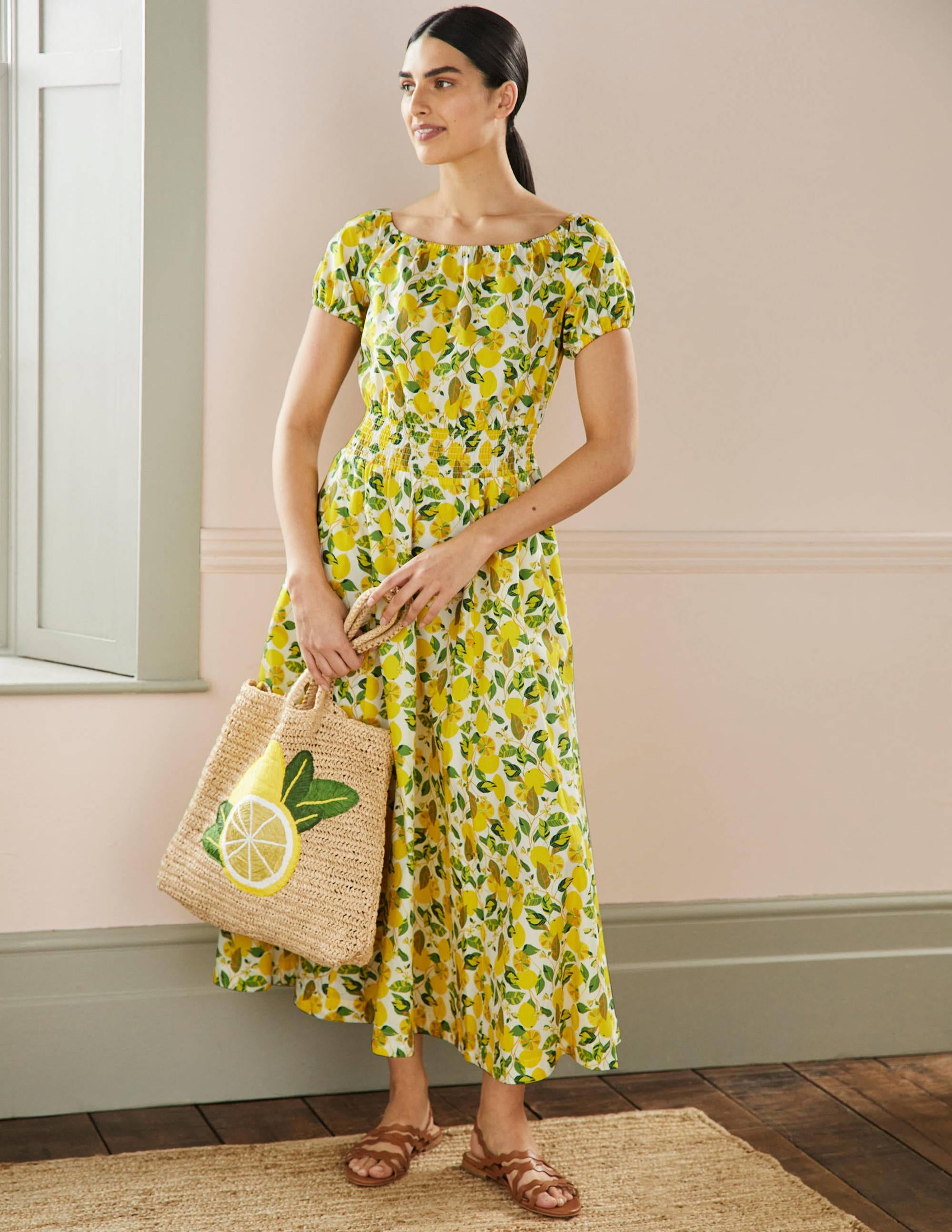 Maxikleid mit Rundhalsausschnitt-Naturweiß/Gelb, Zitronenranke - Image 5
