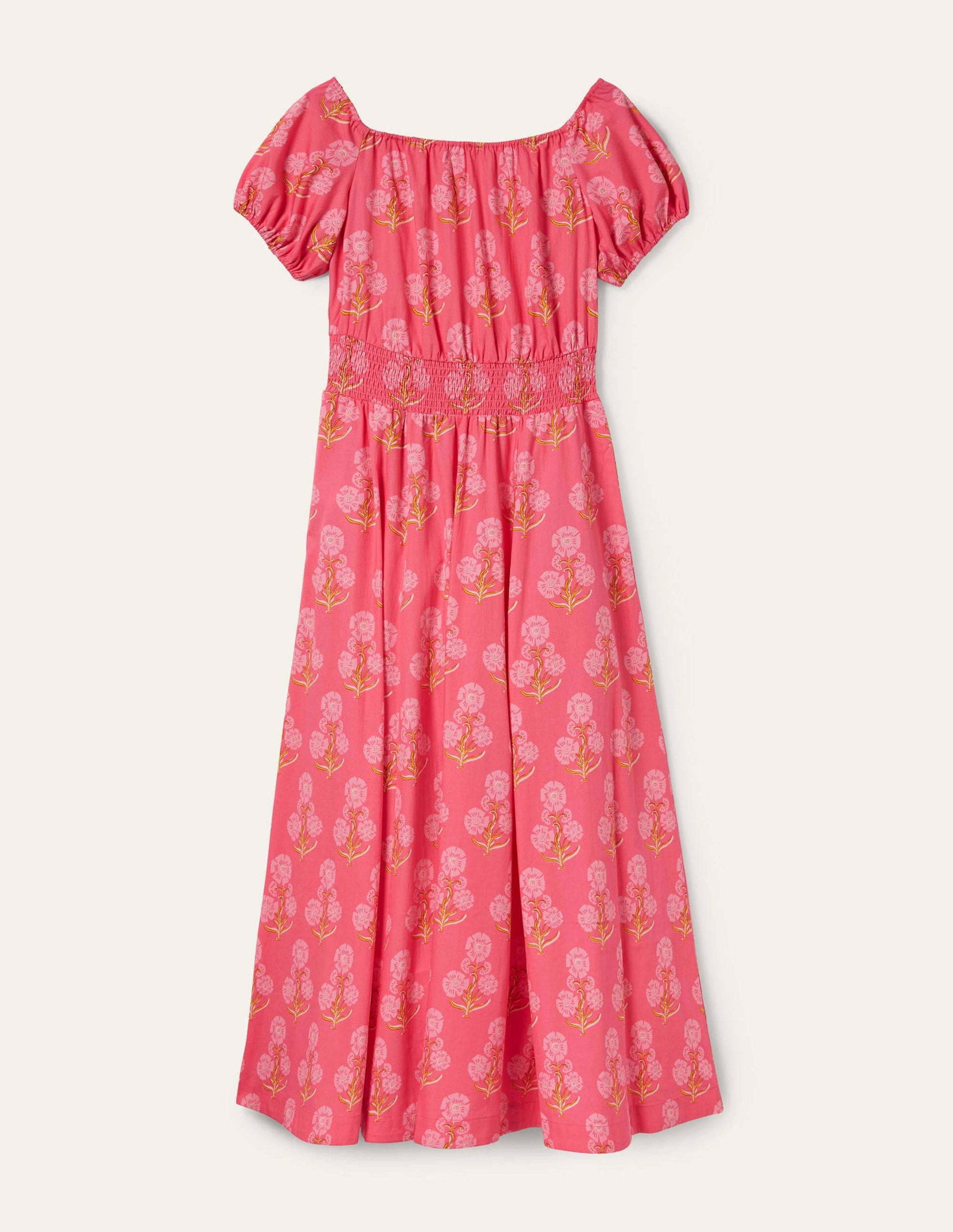 Robe longue à col en U-Motif floral xylographique rose corail-6
