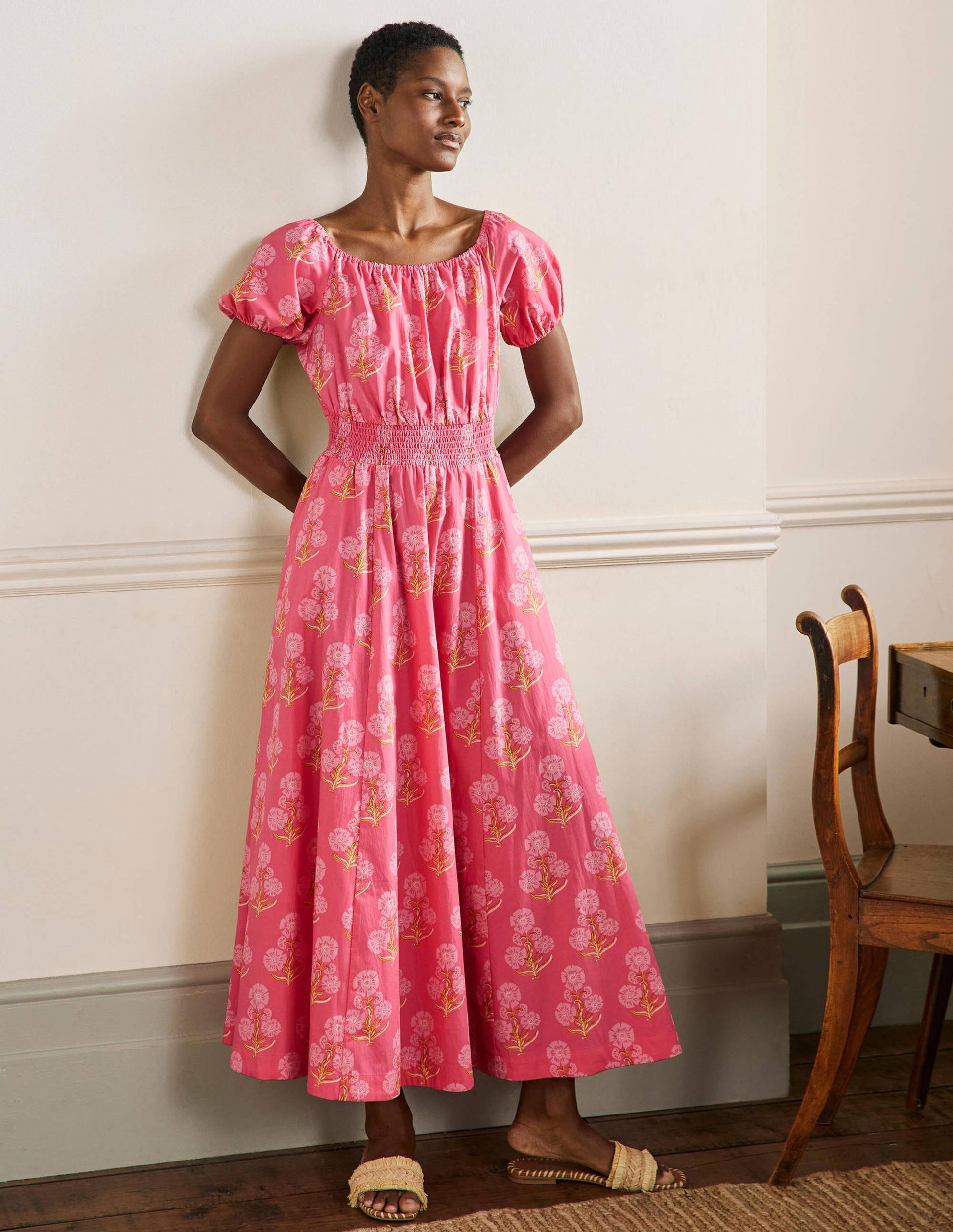 Robe longue à col en U-Motif floral xylographique rose corail-5