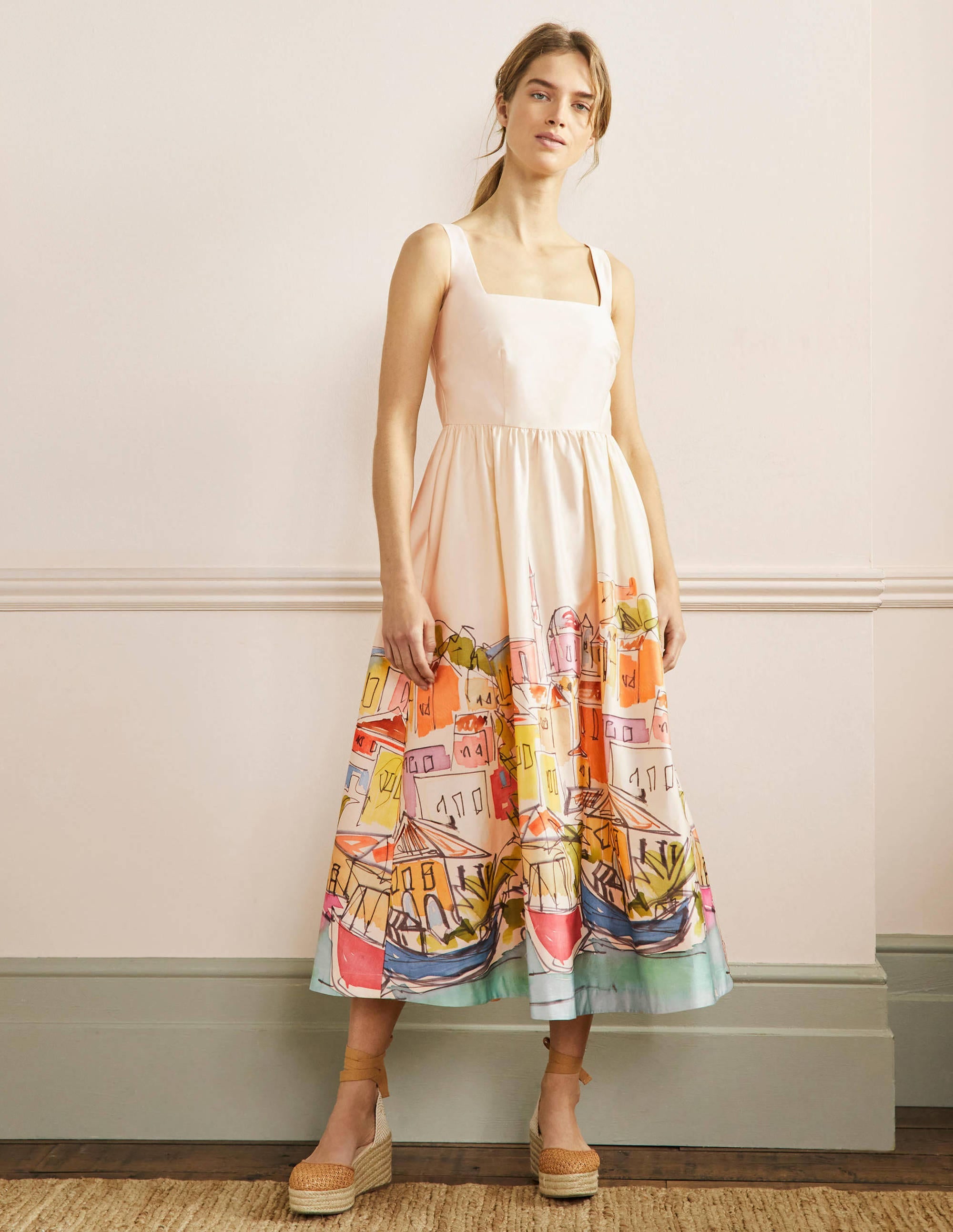 Violet Square Neck Midi Dress-Ivory, Rainbow Village - Image 1