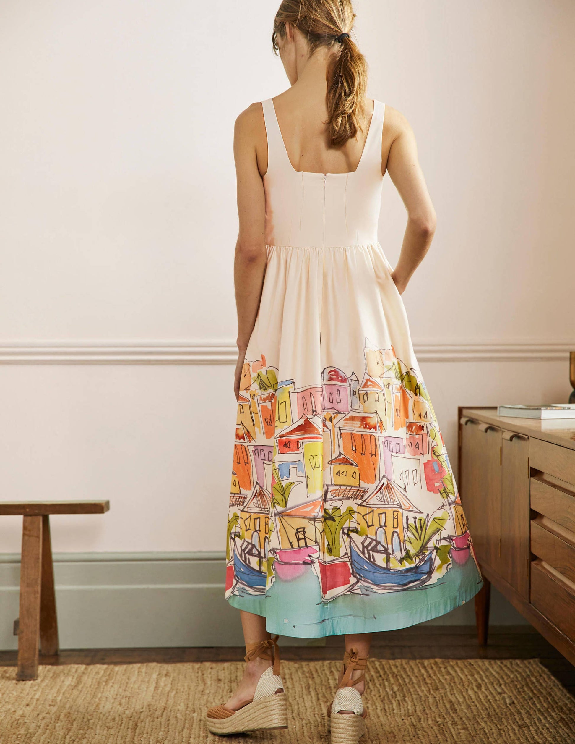 Violet Square Neck Midi Dress-Ivory, Rainbow Village-3
