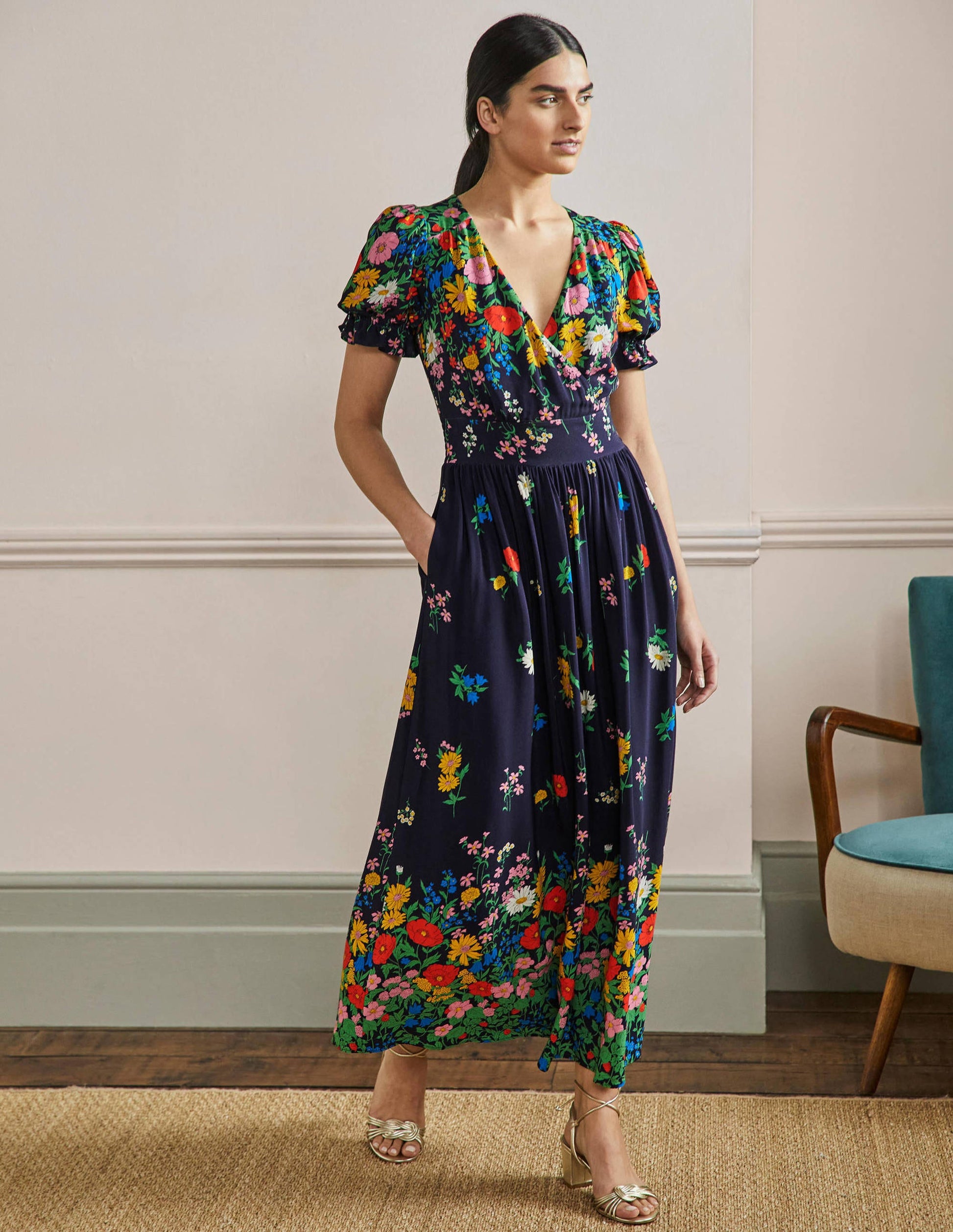 Tessa Maxikleid-Französisches Navy, Gartenblumen-1