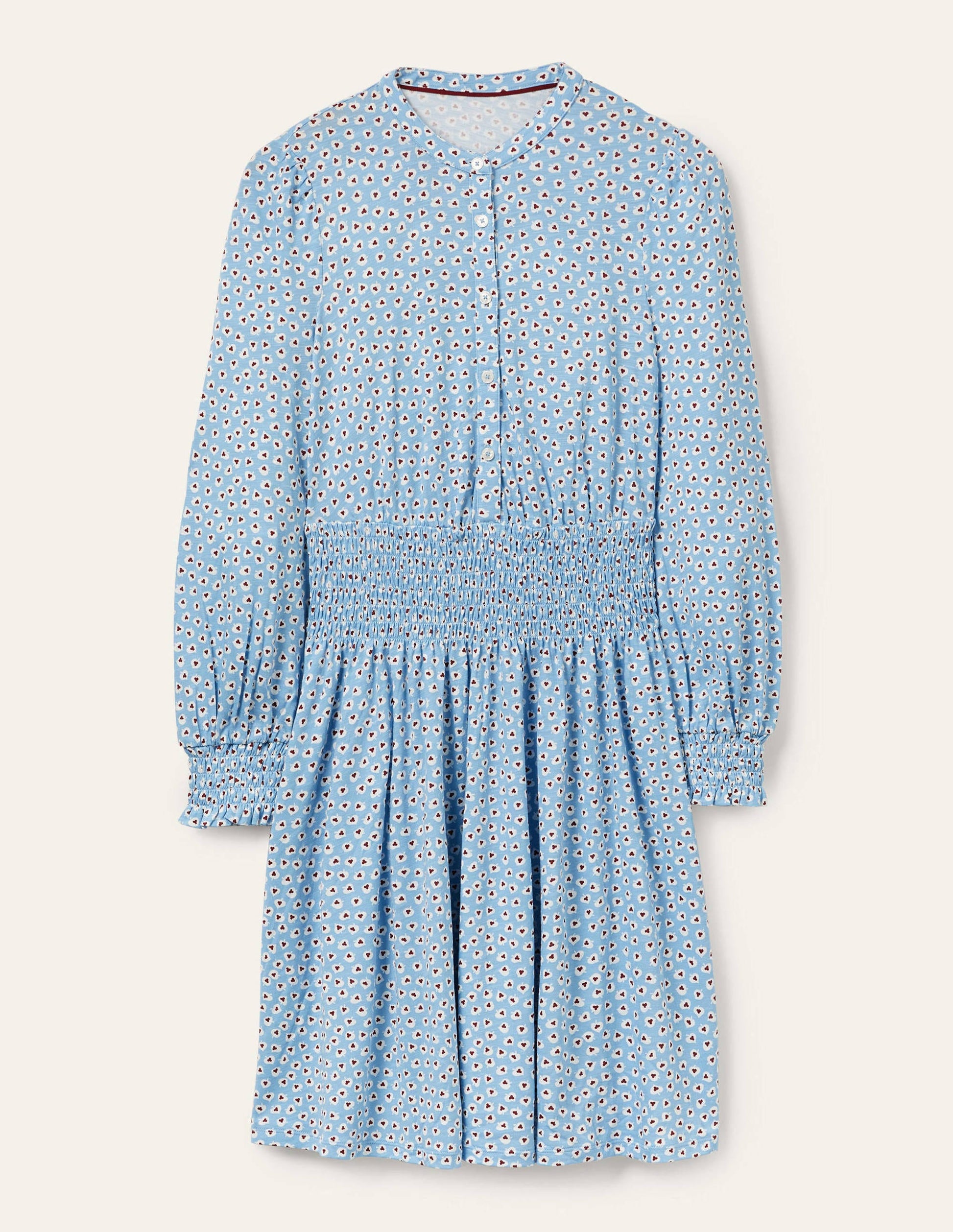 Smocked Jersey Shirt Dress-Dusty Blue, Cordate Leaf-5