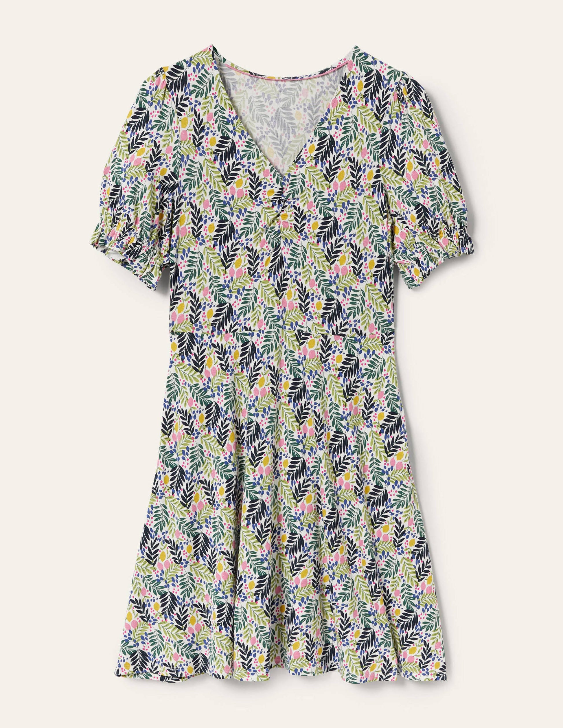 Jerseykleid mit V-Ausschnitt-Bunt, Zitronenblätter-4