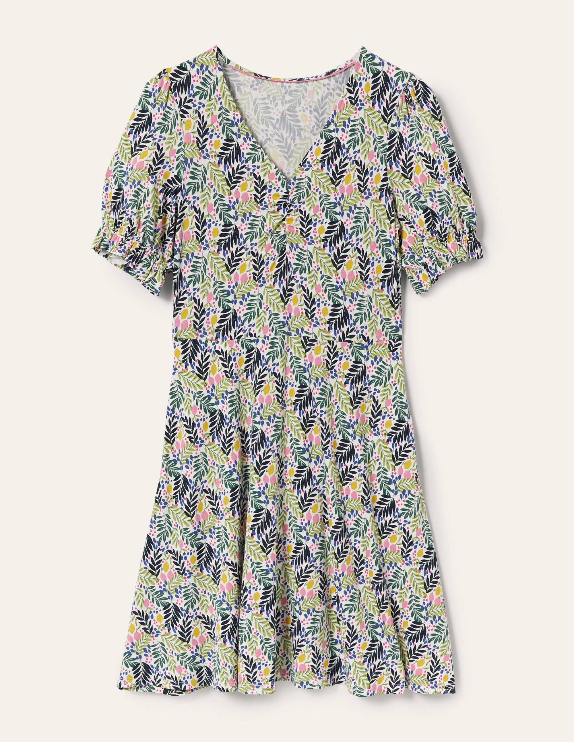 Jerseykleid mit V-Ausschnitt-Bunt, Zitronenblätter - Image 4