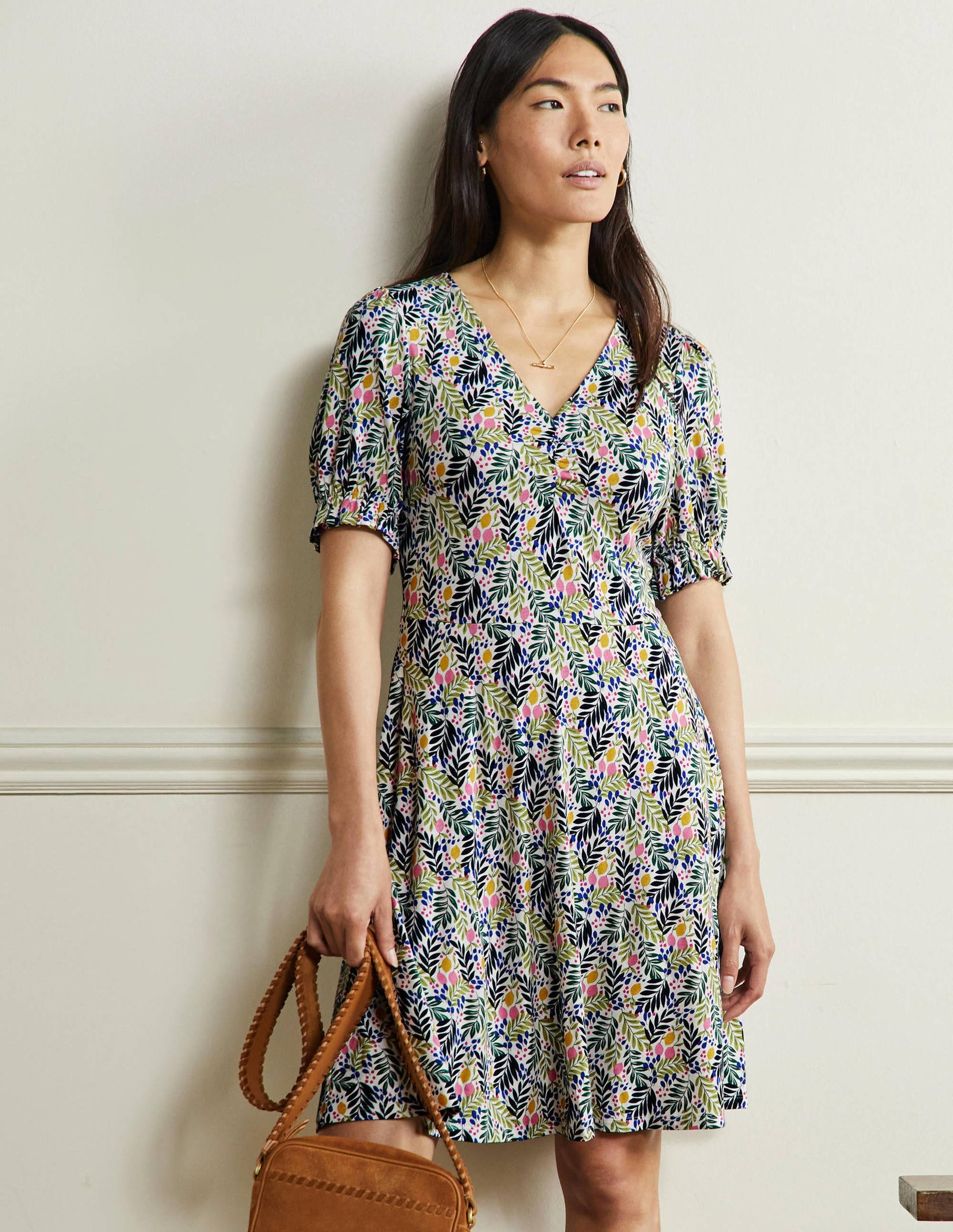 Jerseykleid mit V-Ausschnitt-Bunt, Zitronenblätter-1