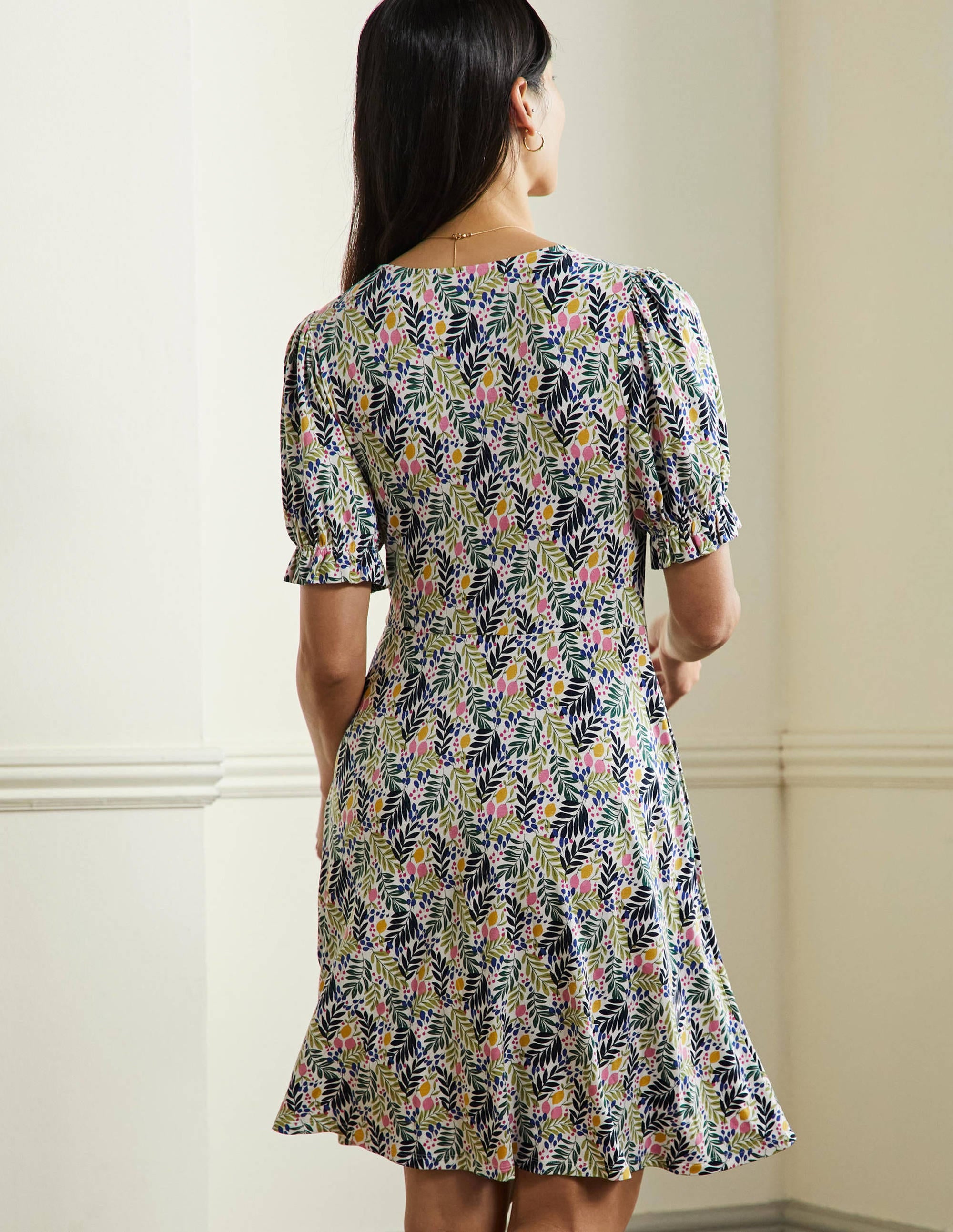 Jerseykleid mit V-Ausschnitt-Bunt, Zitronenblätter - Image 3