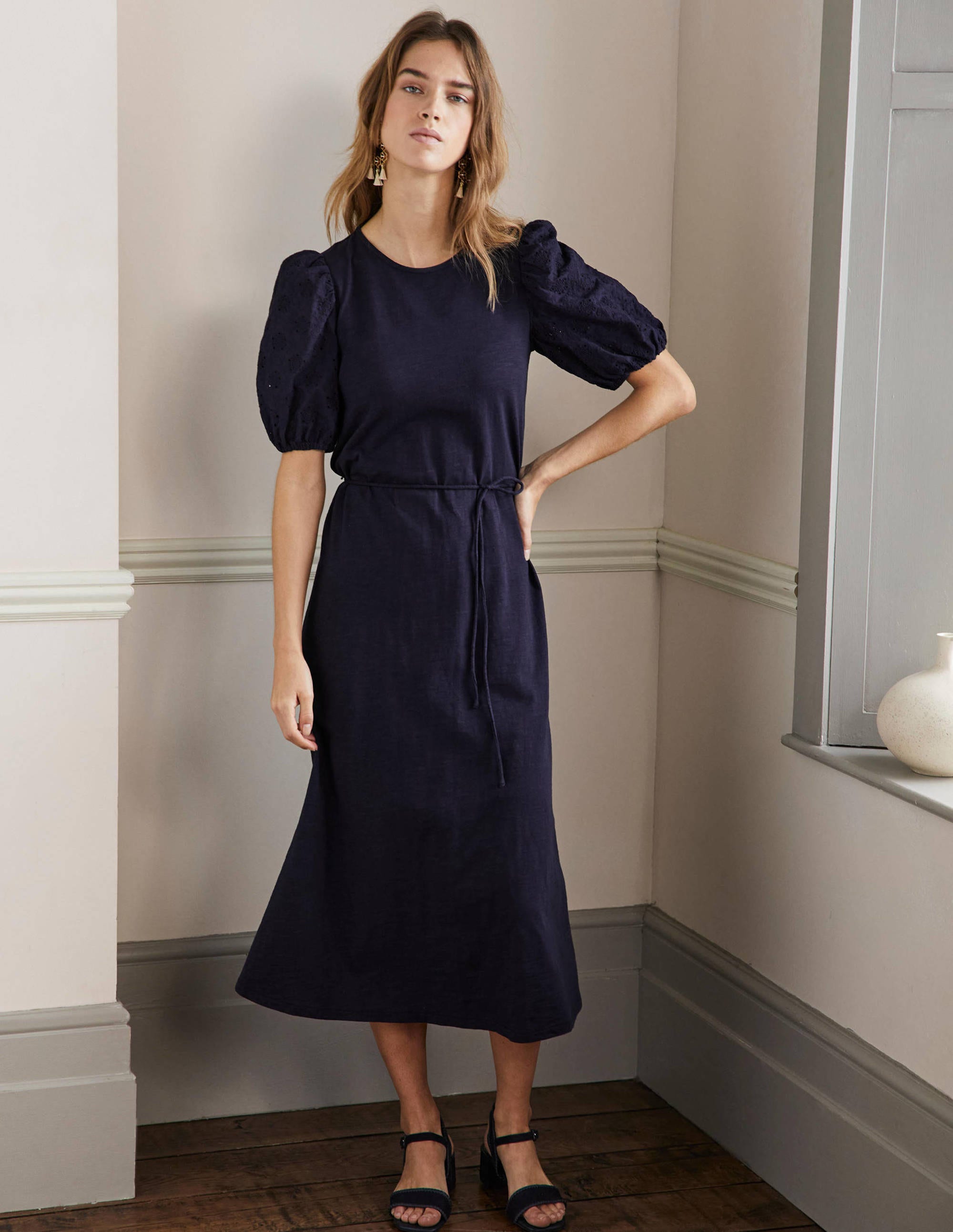 Broderie Mix Jersey Midi Dress-Navy - Image 1