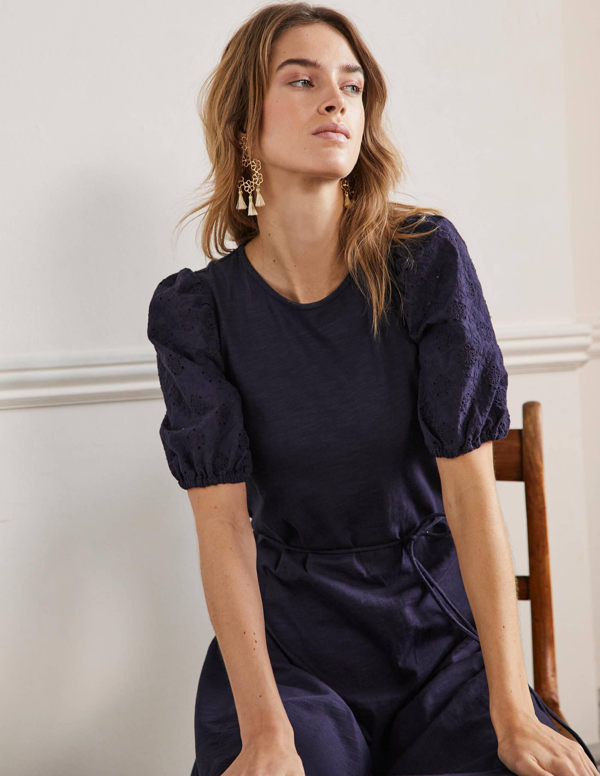 Broderie Mix Jersey Midi Dress-Navy - Image 5
