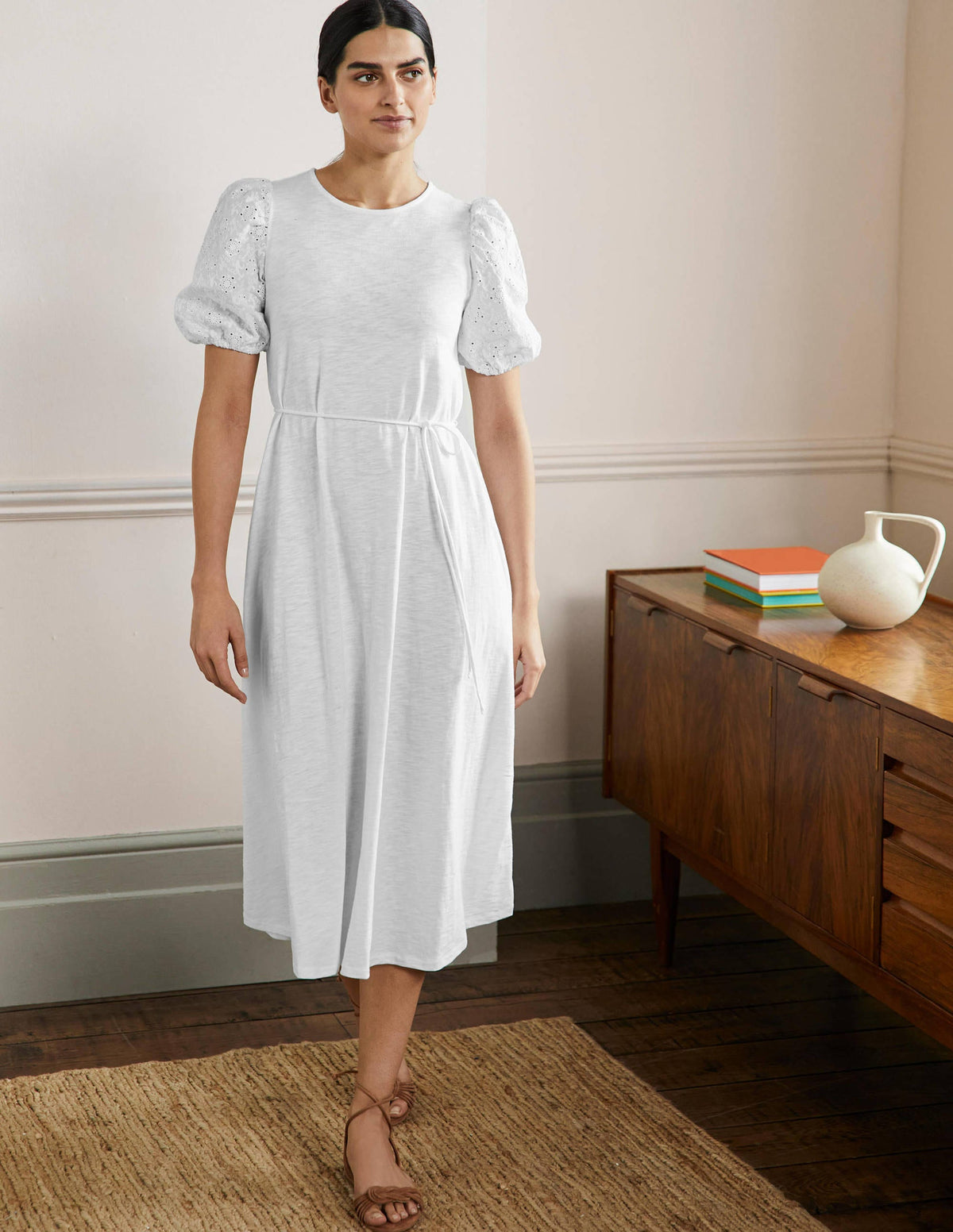 Midikleid aus Jersey mit Lochstickereimix-Weiß-1