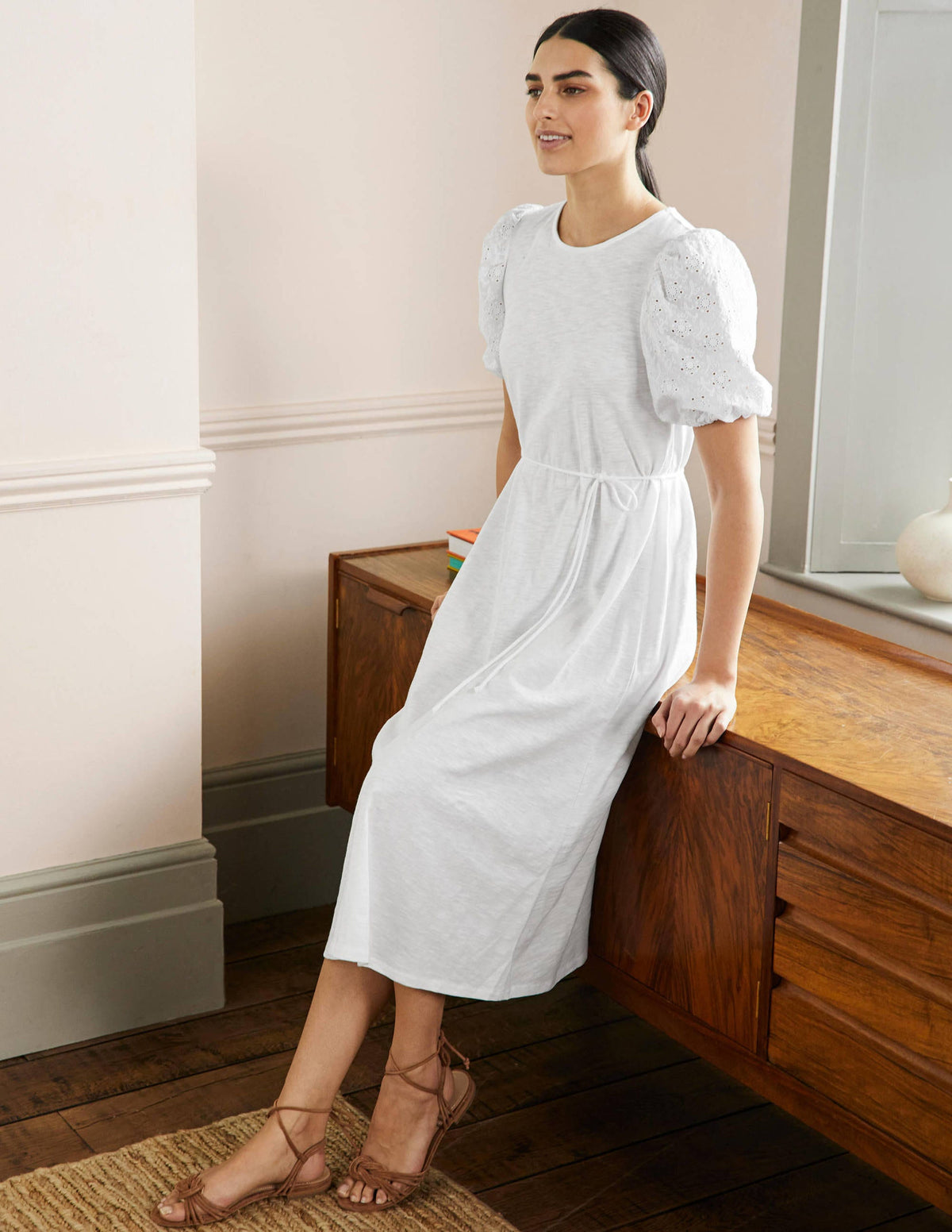 Midikleid aus Jersey mit Lochstickereimix-Weiß-4