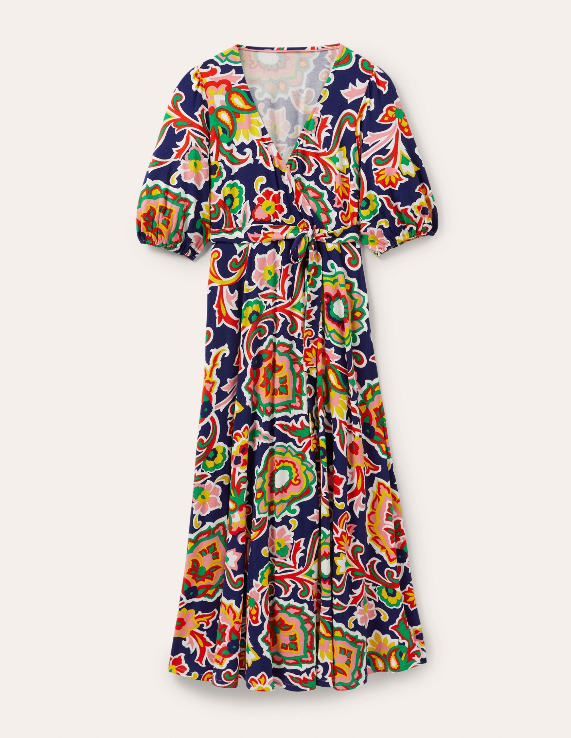 Robe longue à effet portefeuille fixe en jersey-Océan de minuit, motif Blooms - Image 5