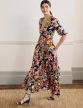 Robe longue à effet portefeuille fixe en jersey-Océan de minuit, motif Blooms