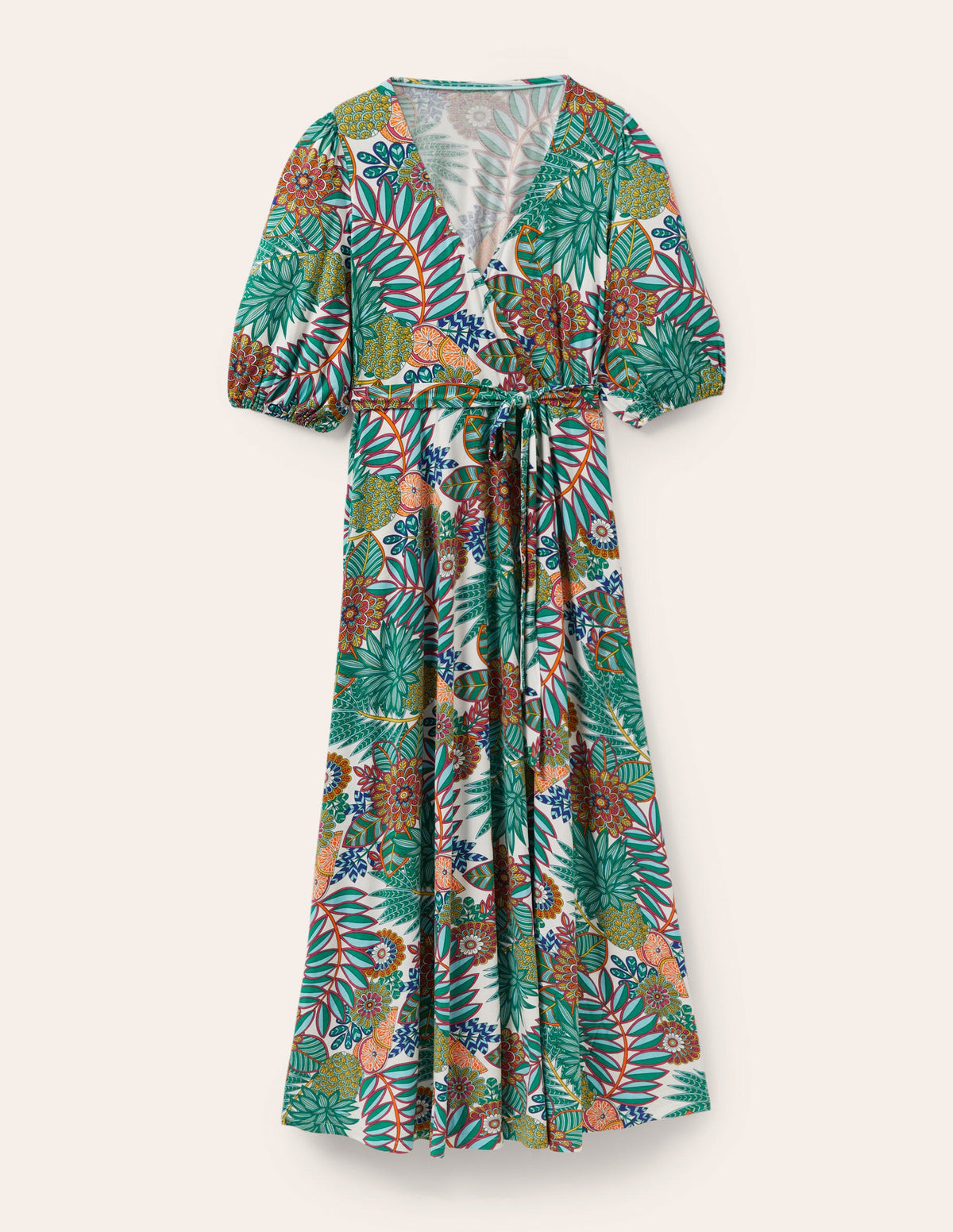 Jersey-Maxikleid mit fixierter Wickeloptik-Grün, Ananasblütenmuster-5