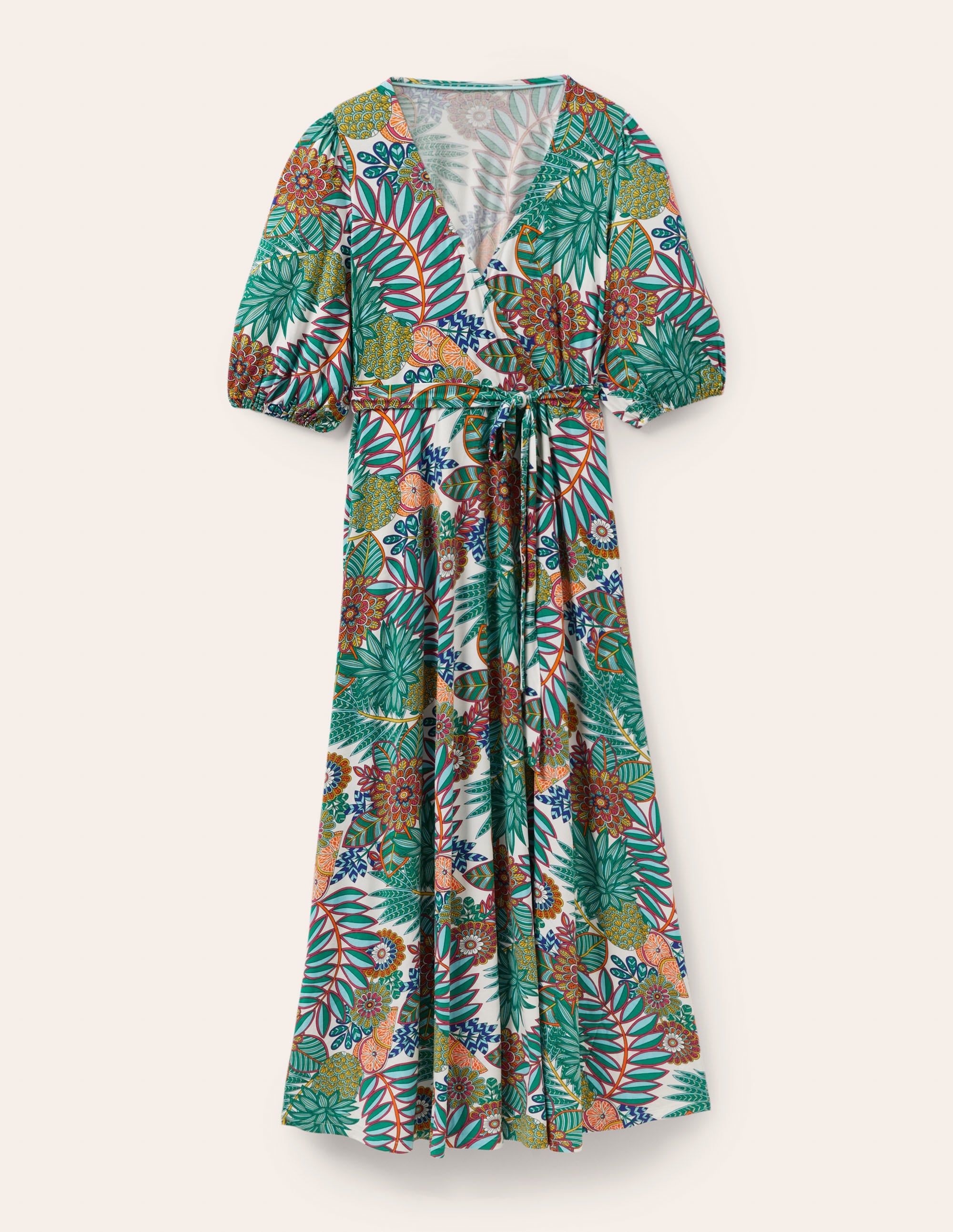 Jersey-Maxikleid mit fixierter Wickeloptik-Grün, Ananasblütenmuster - Image 5