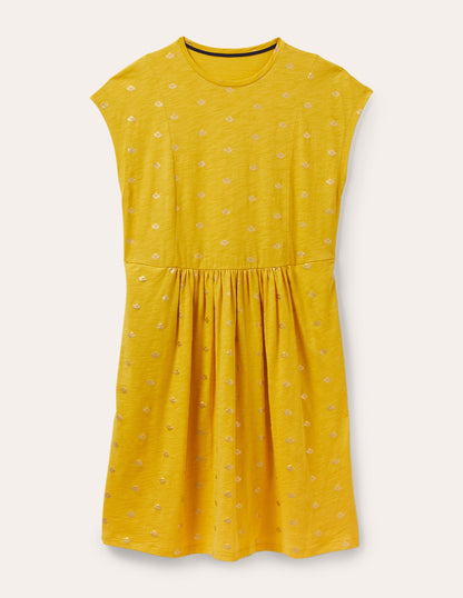 T-Shirt-Kleid aus Jersey-Honiggelb, Goldfolie-5