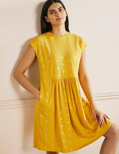 T-Shirt-Kleid aus Jersey-Honiggelb, Goldfolie-1
