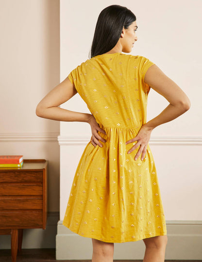 T-Shirt-Kleid aus Jersey-Honiggelb, Goldfolie-3