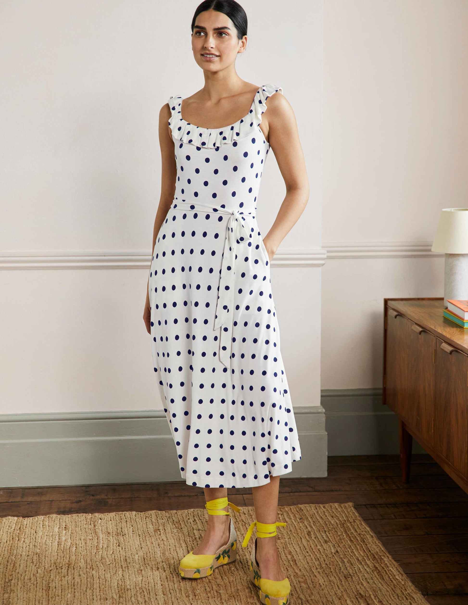 Ruffle Neck Jersey Midi Dress-Ivory Spot-1