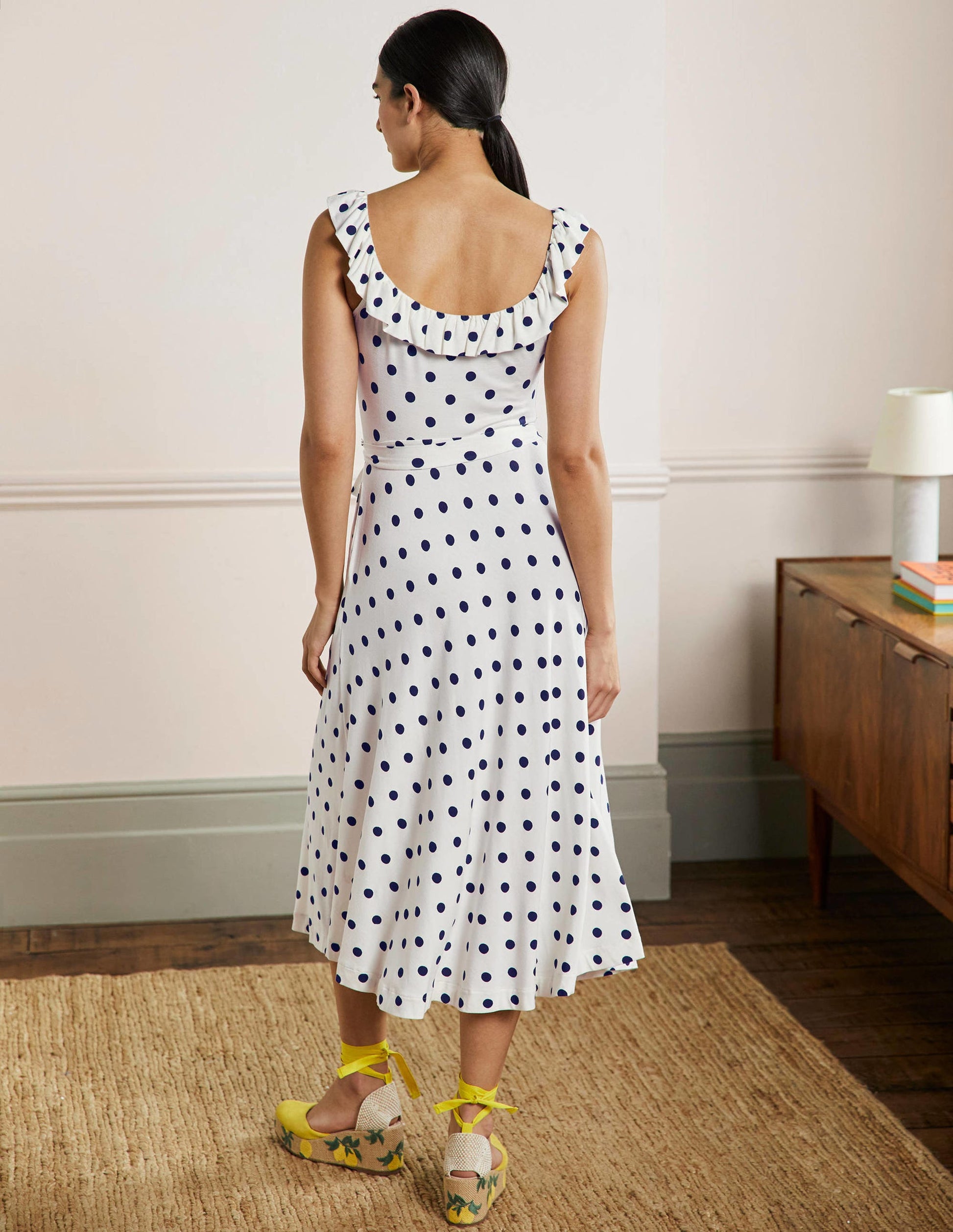 Ruffle Neck Jersey Midi Dress-Ivory Spot-3