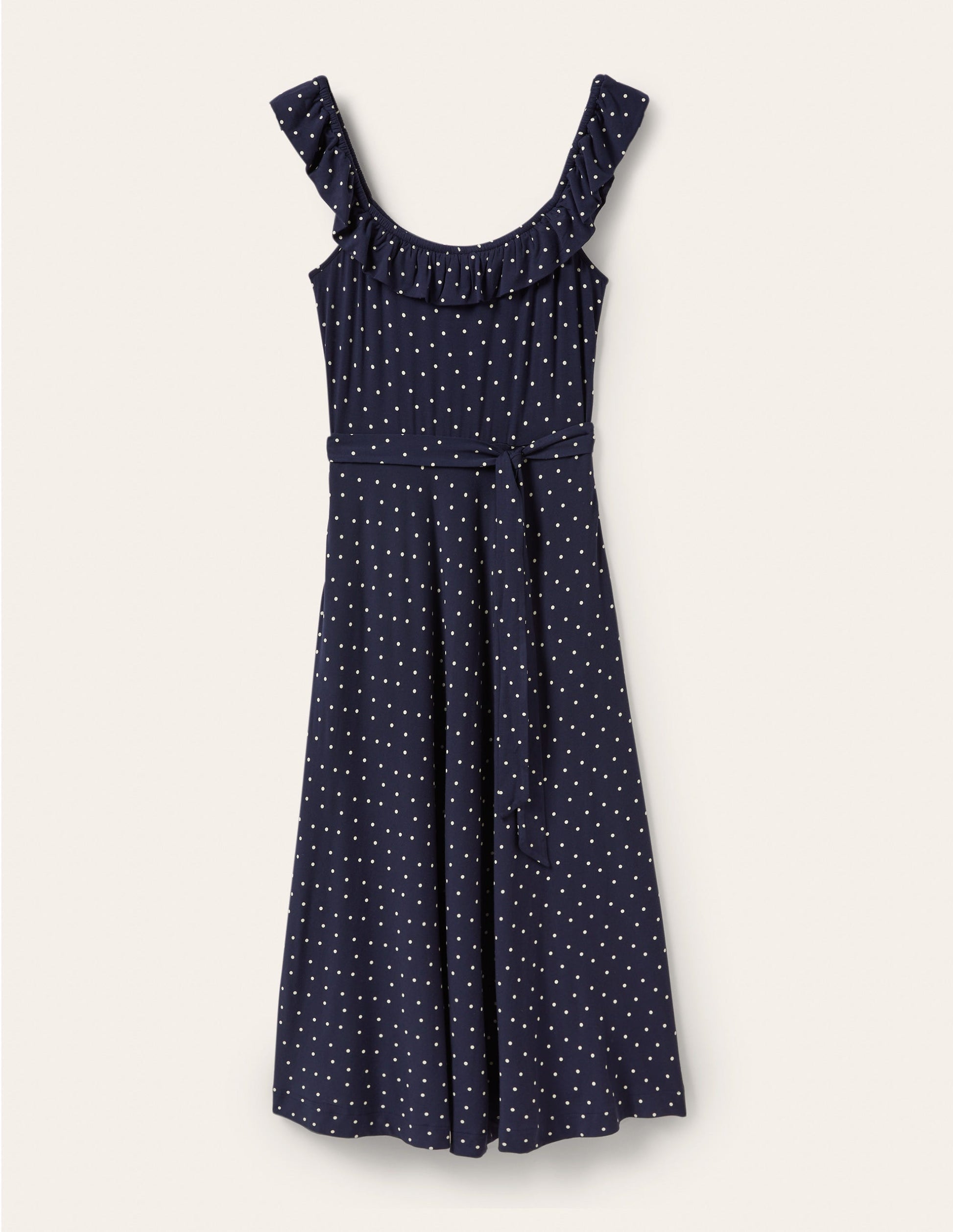 Ruffle Neck Jersey Midi Dress-French Navy, Pin Dot-5